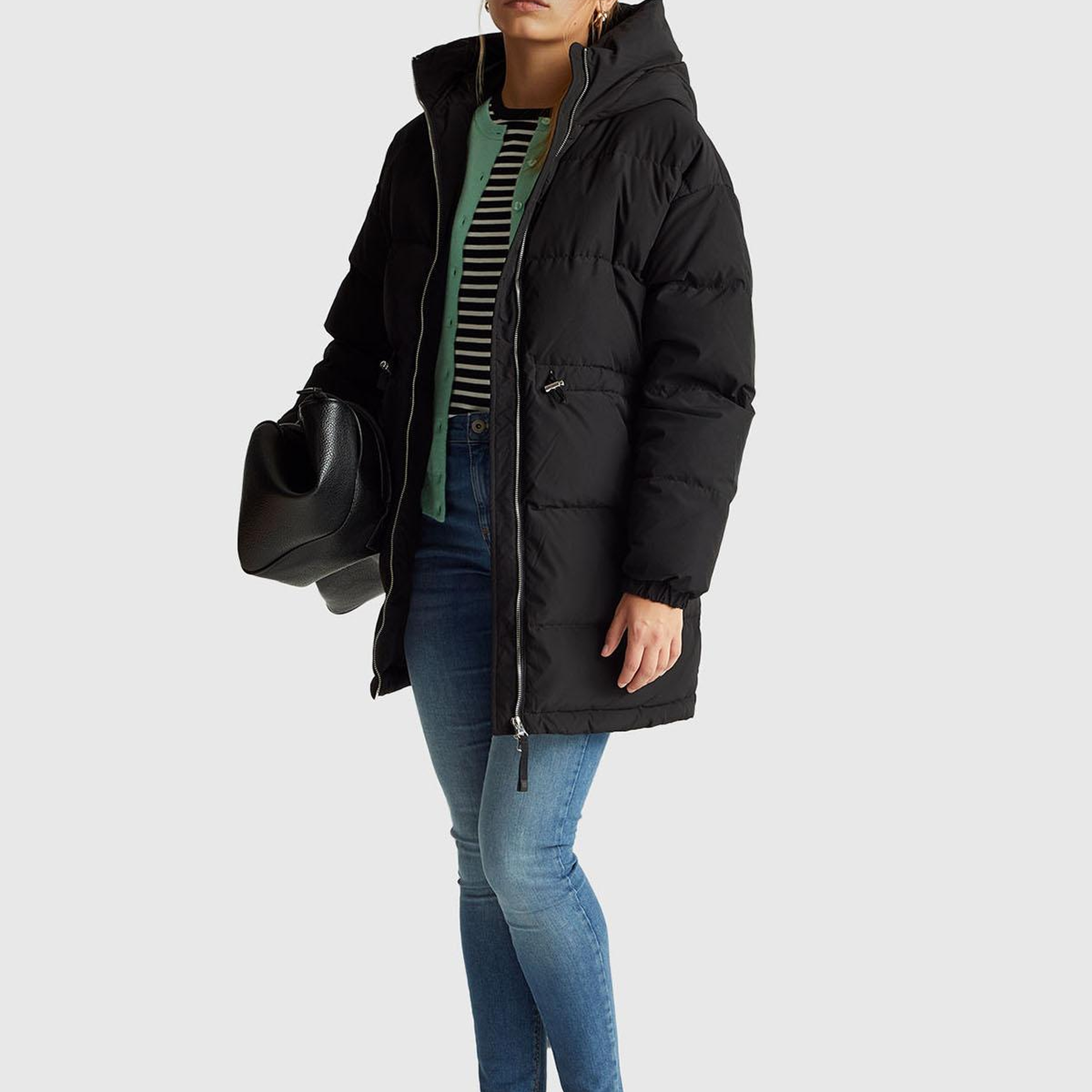 Kadın Siyah Kuş Tüyü Beli Bağcıklı Kapüşonlu Uzun Şişme Mont