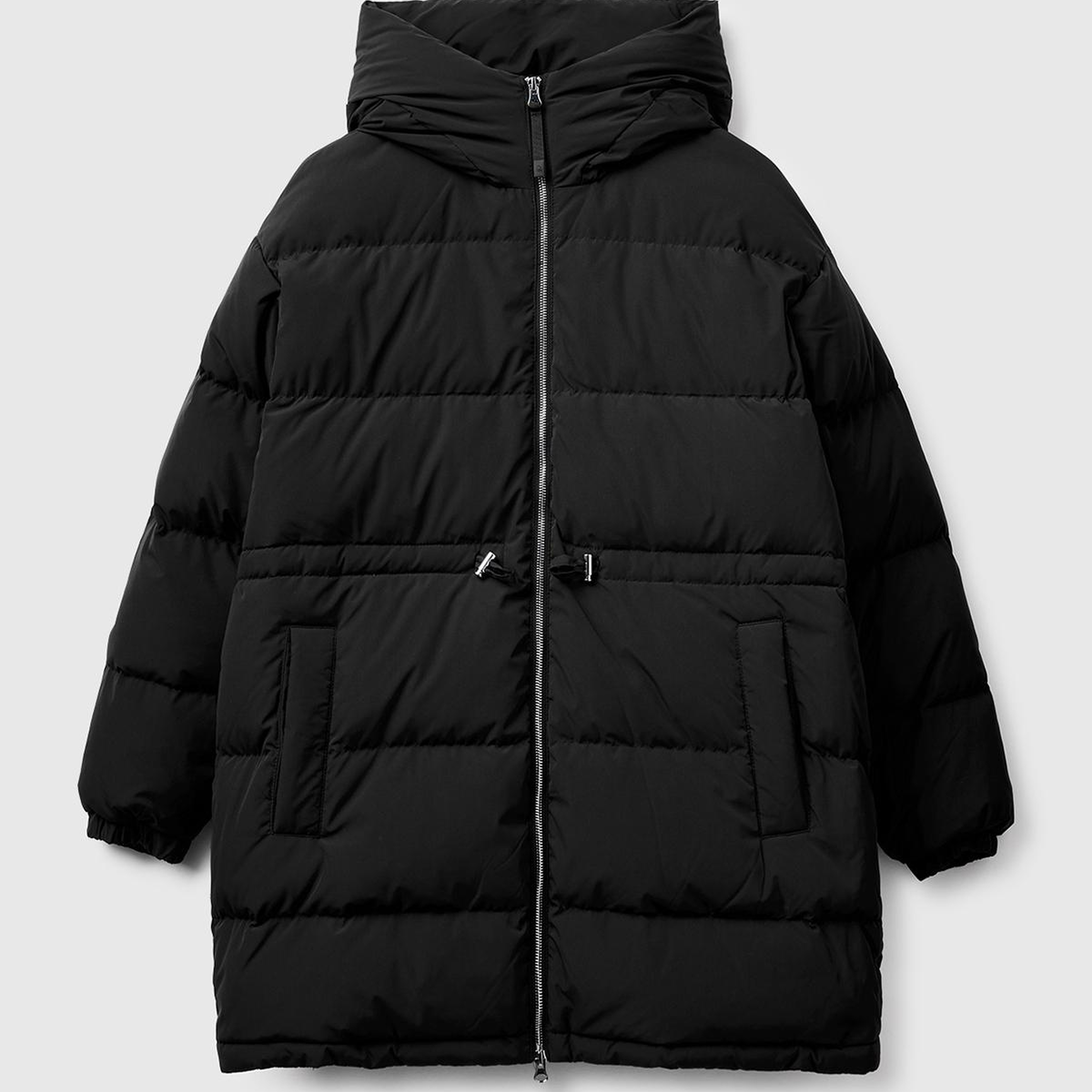 Kadın Siyah Kuş Tüyü Beli Bağcıklı Kapüşonlu Uzun Şişme Mont