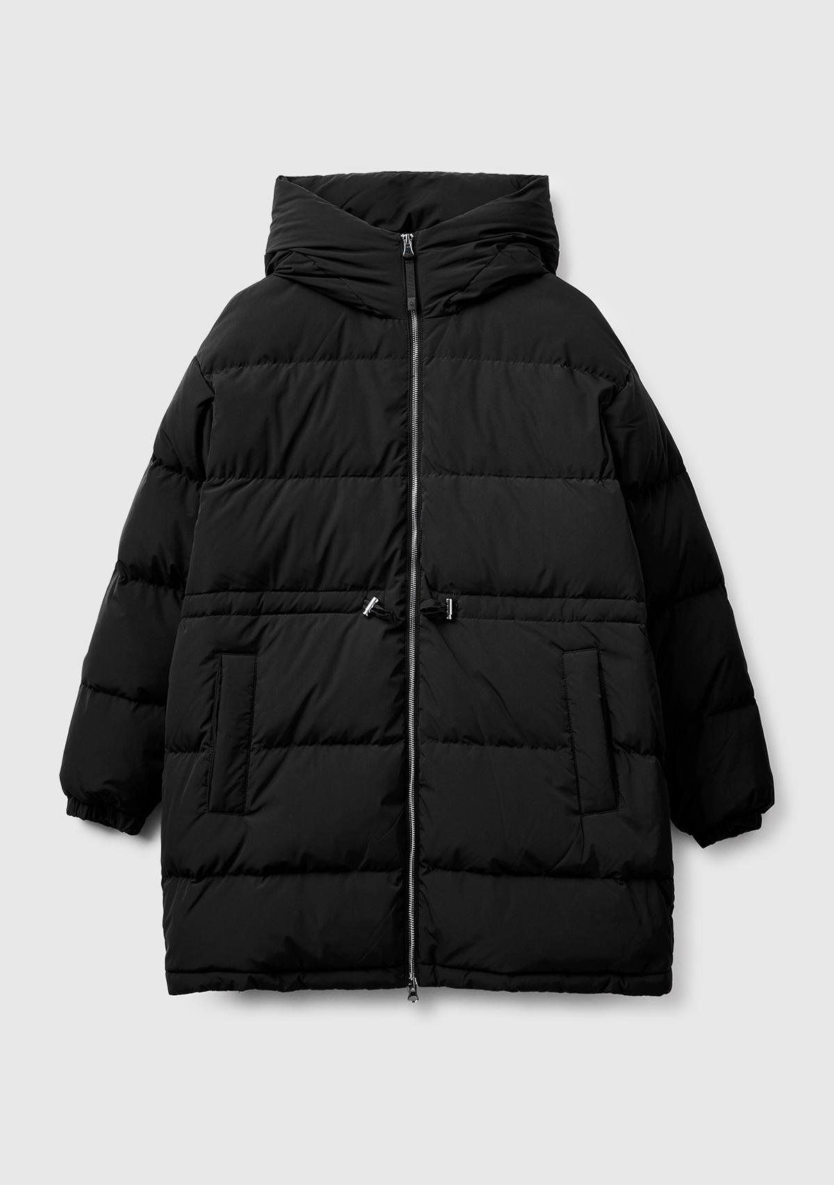 Kadın Siyah Kuş Tüyü Beli Bağcıklı Kapüşonlu Uzun Şişme Mont