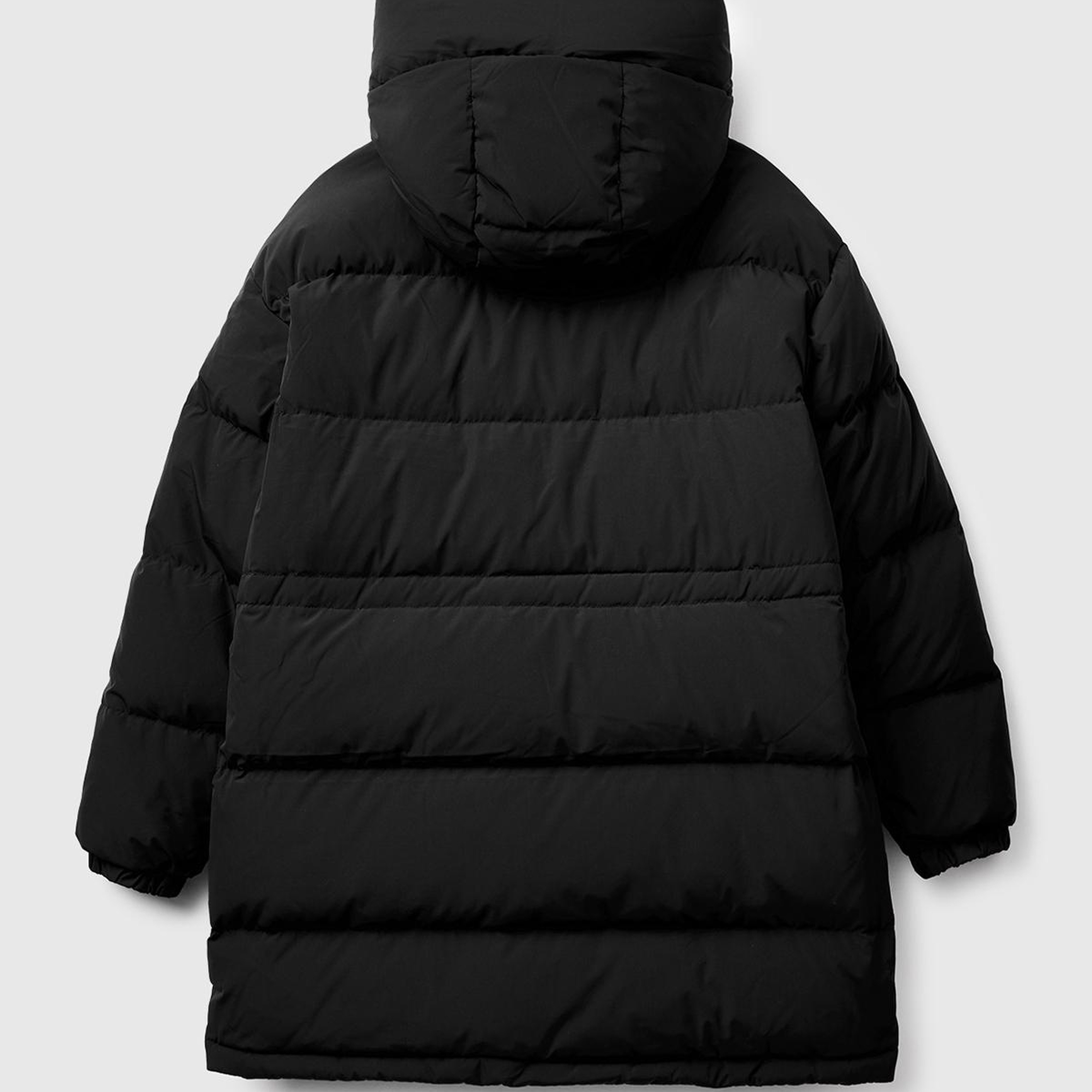 Kadın Siyah Kuş Tüyü Beli Bağcıklı Kapüşonlu Uzun Şişme Mont