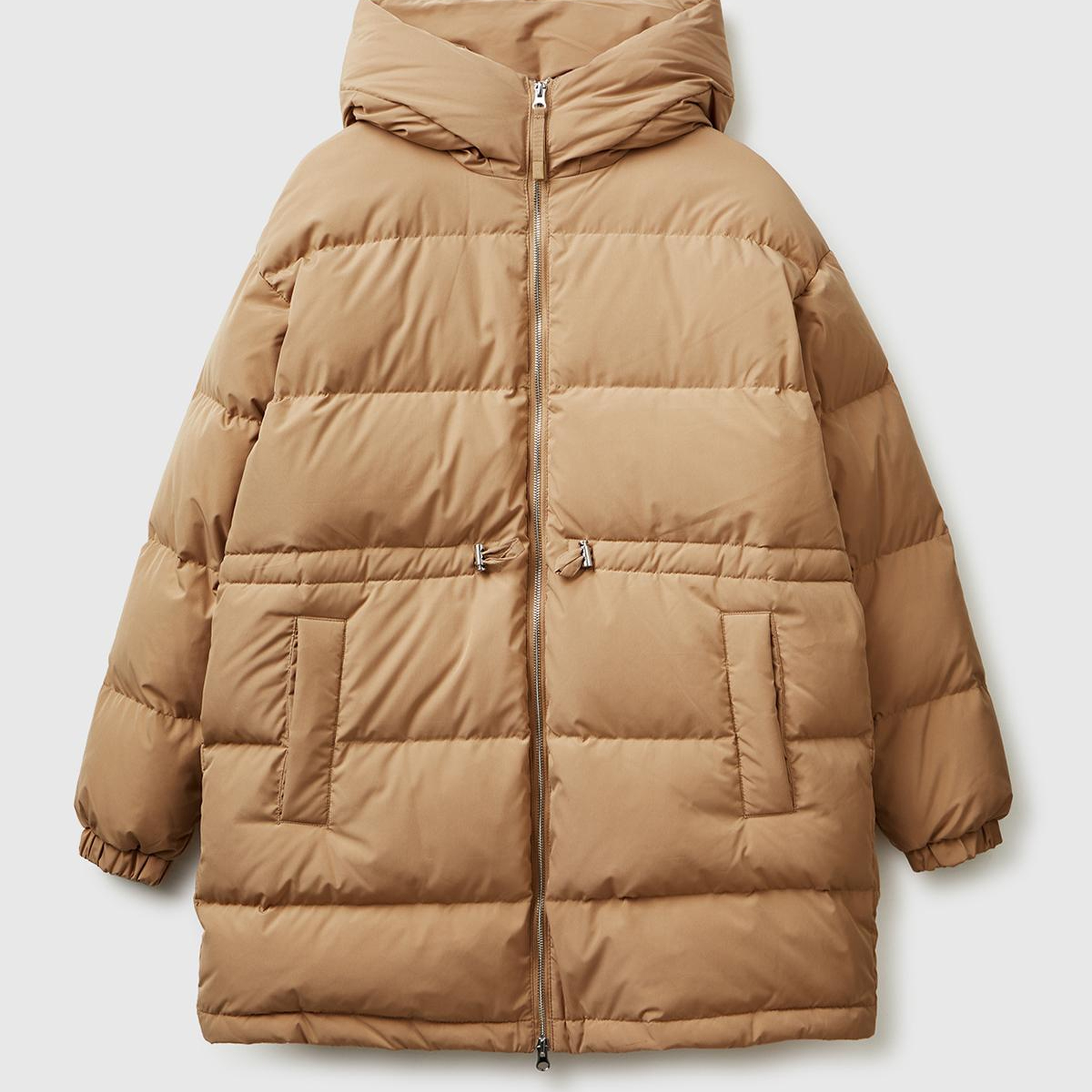 Kadın Açık Kahverengi Kuş Tüyü Beli Bağcıklı Kapüşonlu Uzun Şişme Mont