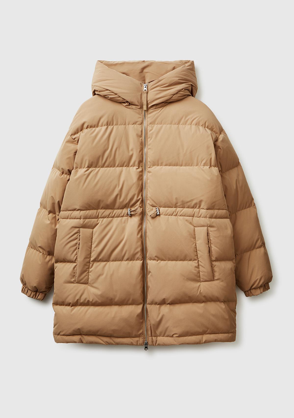 Kadın Açık Kahverengi Kuş Tüyü Beli Bağcıklı Kapüşonlu Uzun Şişme Mont