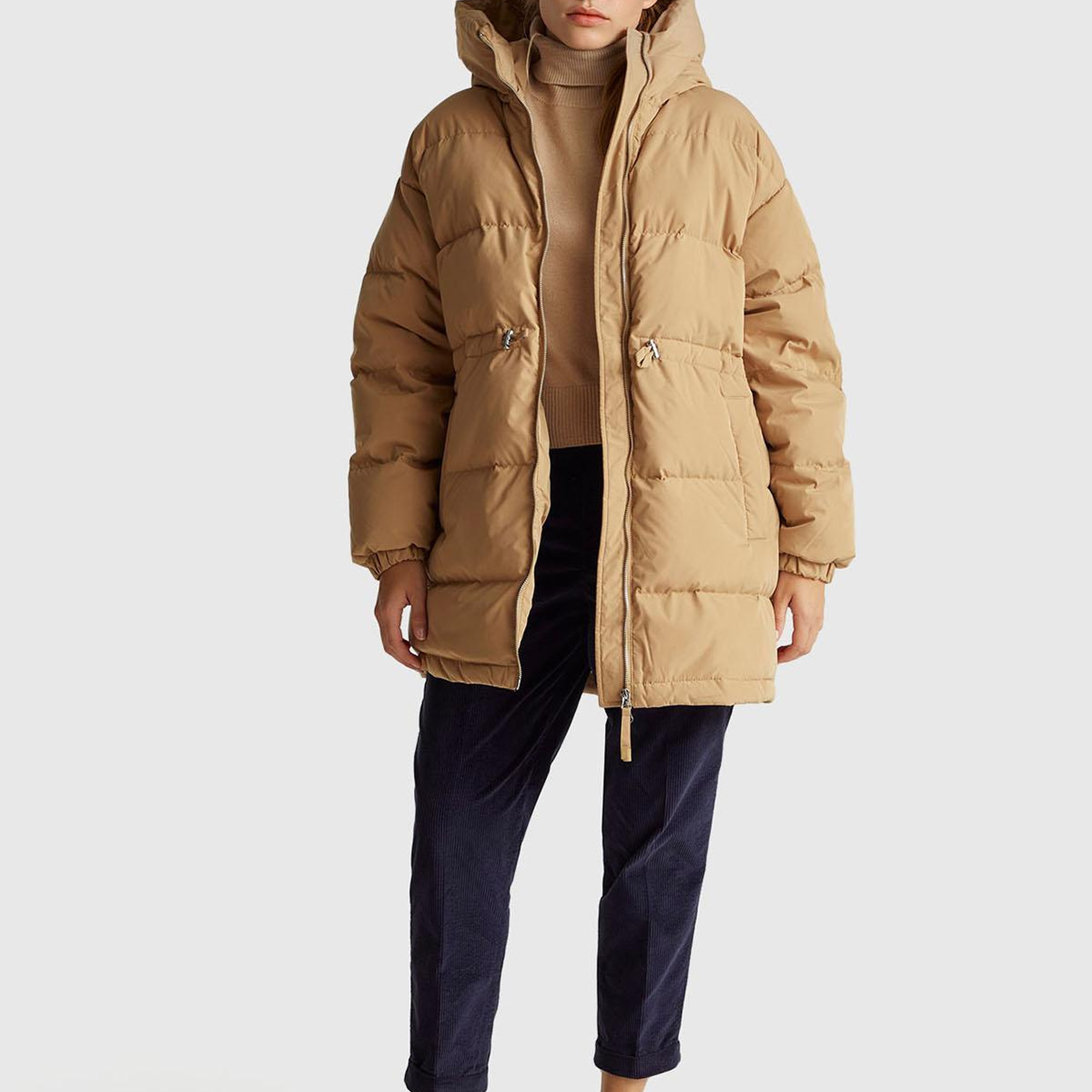 Kadın Açık Kahverengi Kuş Tüyü Beli Bağcıklı Kapüşonlu Uzun Şişme Mont