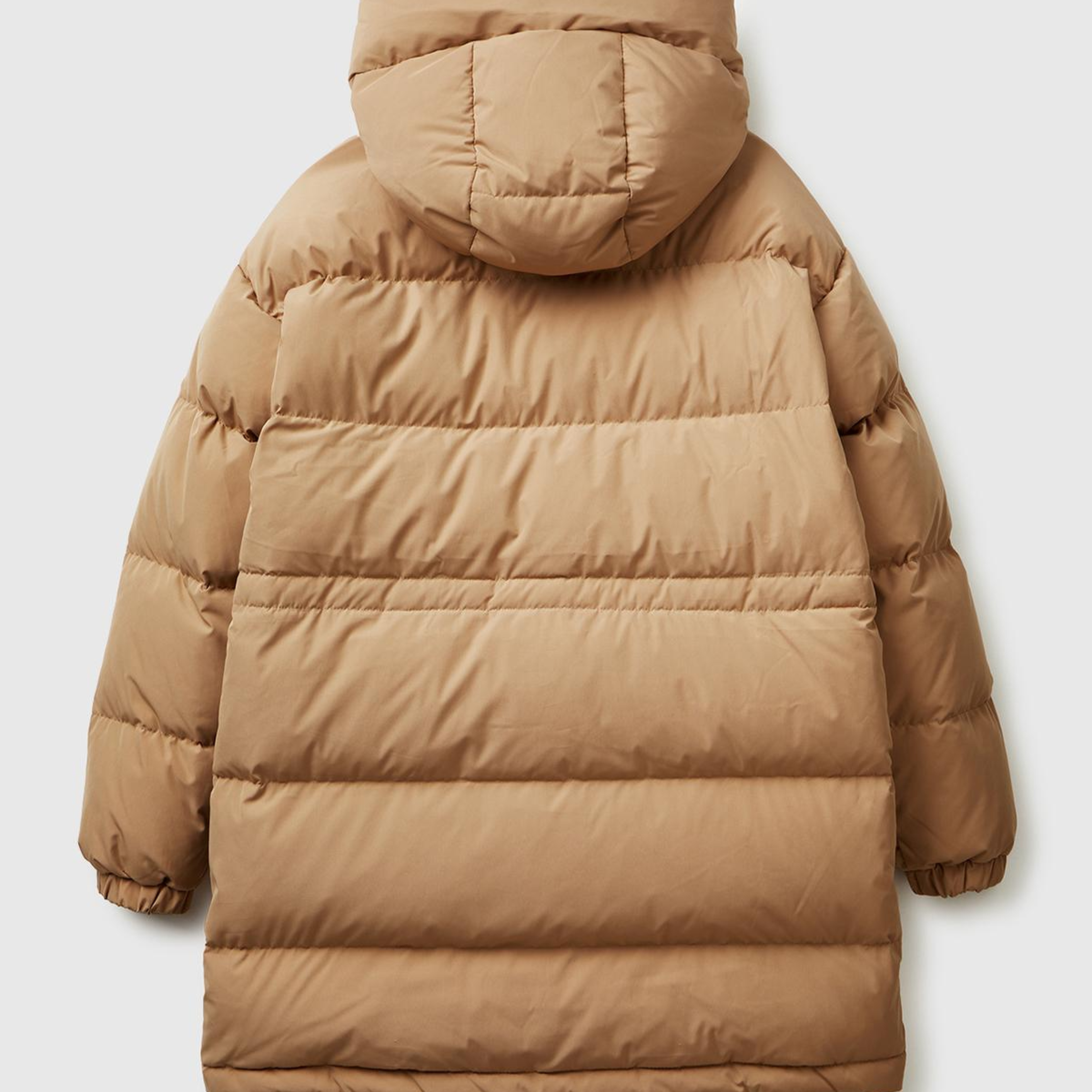 Kadın Açık Kahverengi Kuş Tüyü Beli Bağcıklı Kapüşonlu Uzun Şişme Mont