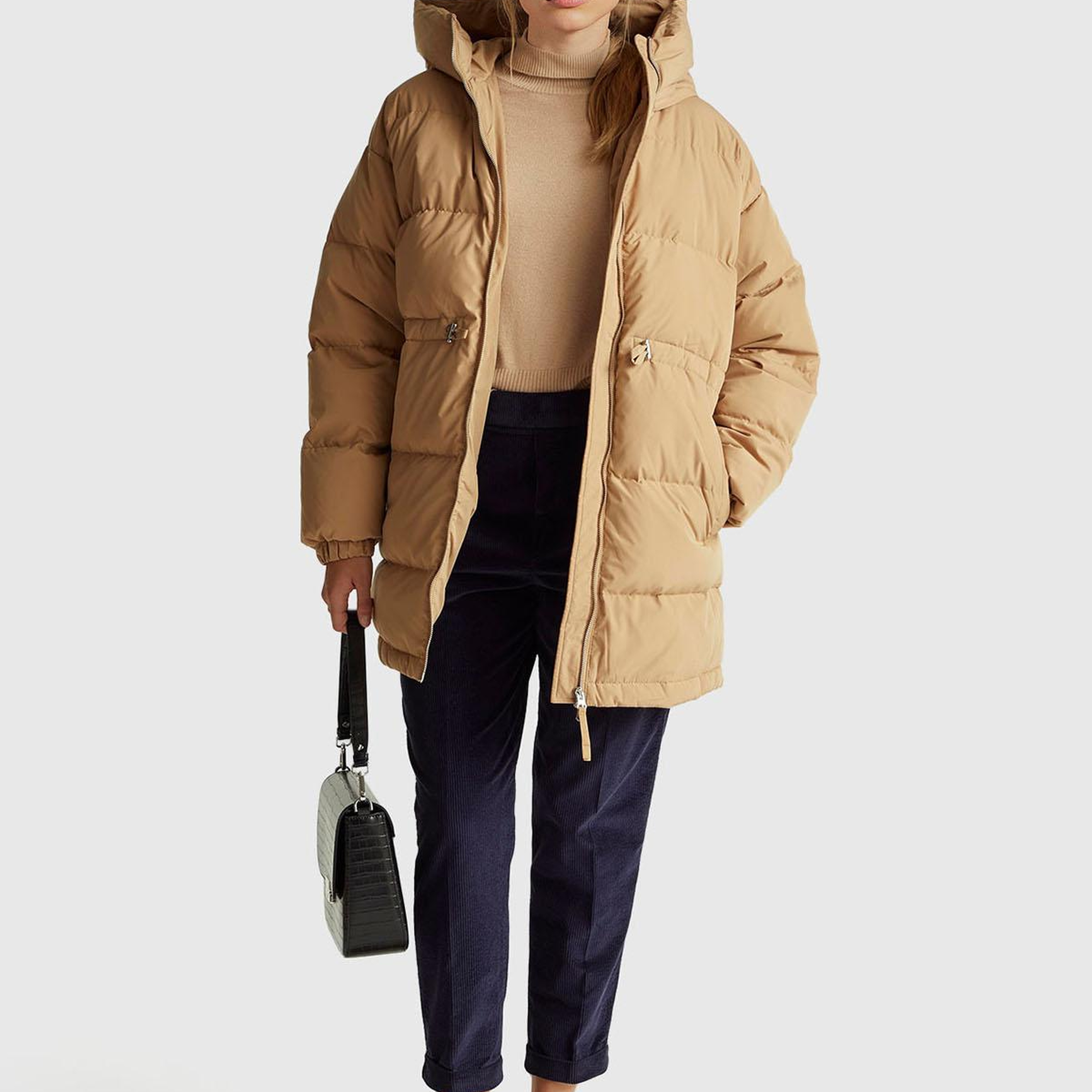 Kadın Açık Kahverengi Kuş Tüyü Beli Bağcıklı Kapüşonlu Uzun Şişme Mont