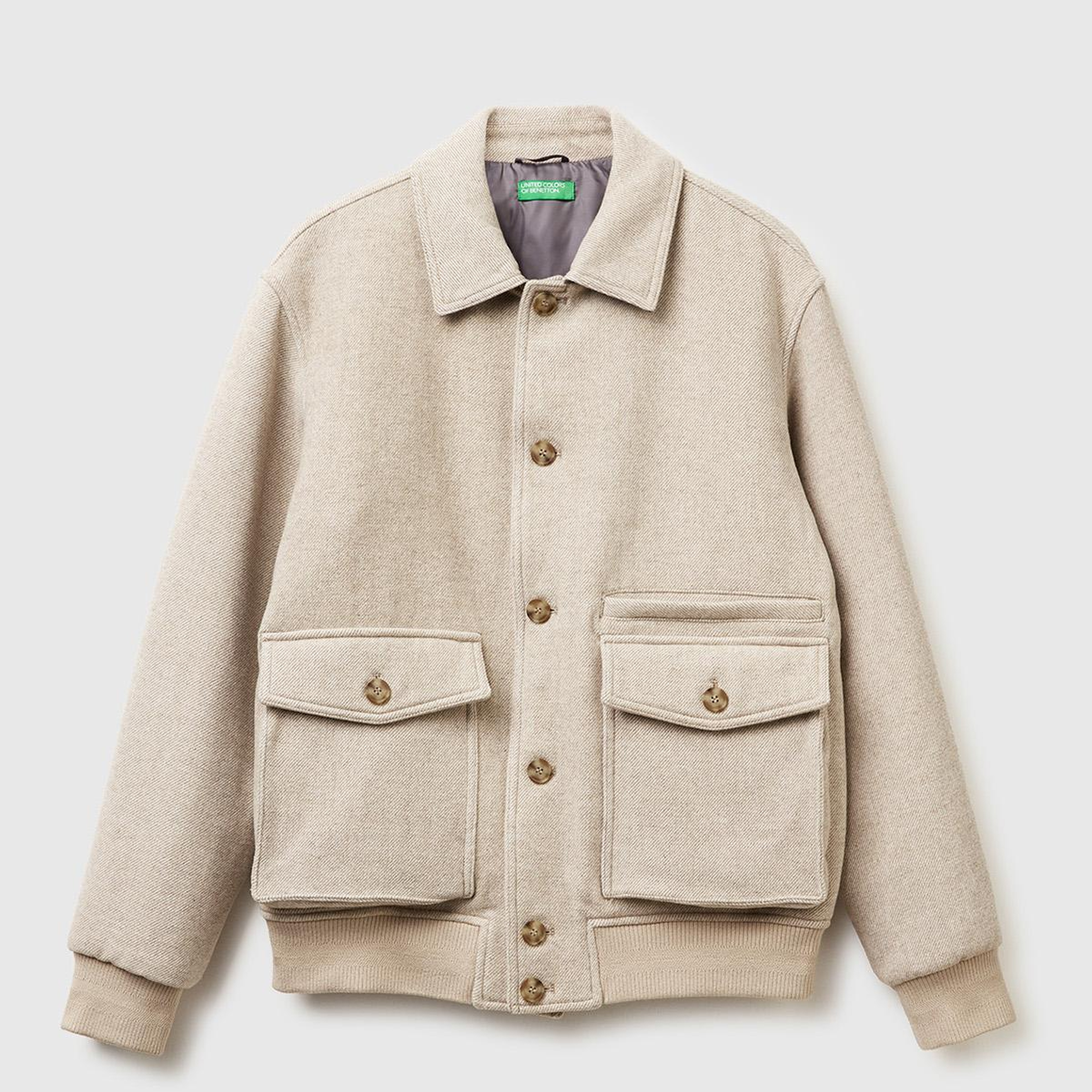 Erkek Taş Rengi Yün Karışımlı Cep Detaylı Düğmeli Gömlek Yaka Ceket