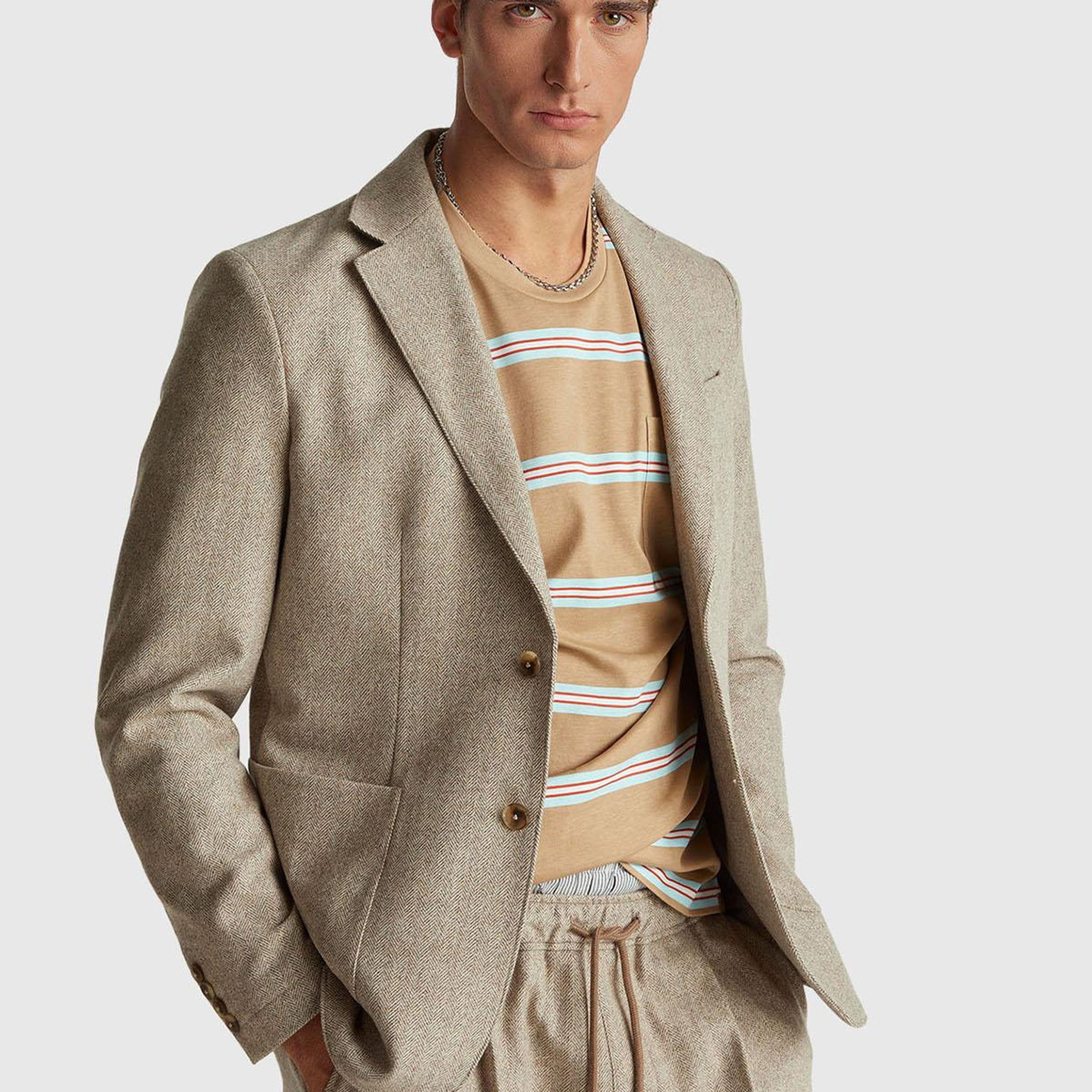 Erkek Gri Yün ve Viskoz Karışımlı Cep Detaylı Düğmeli Kruvaze Ceket