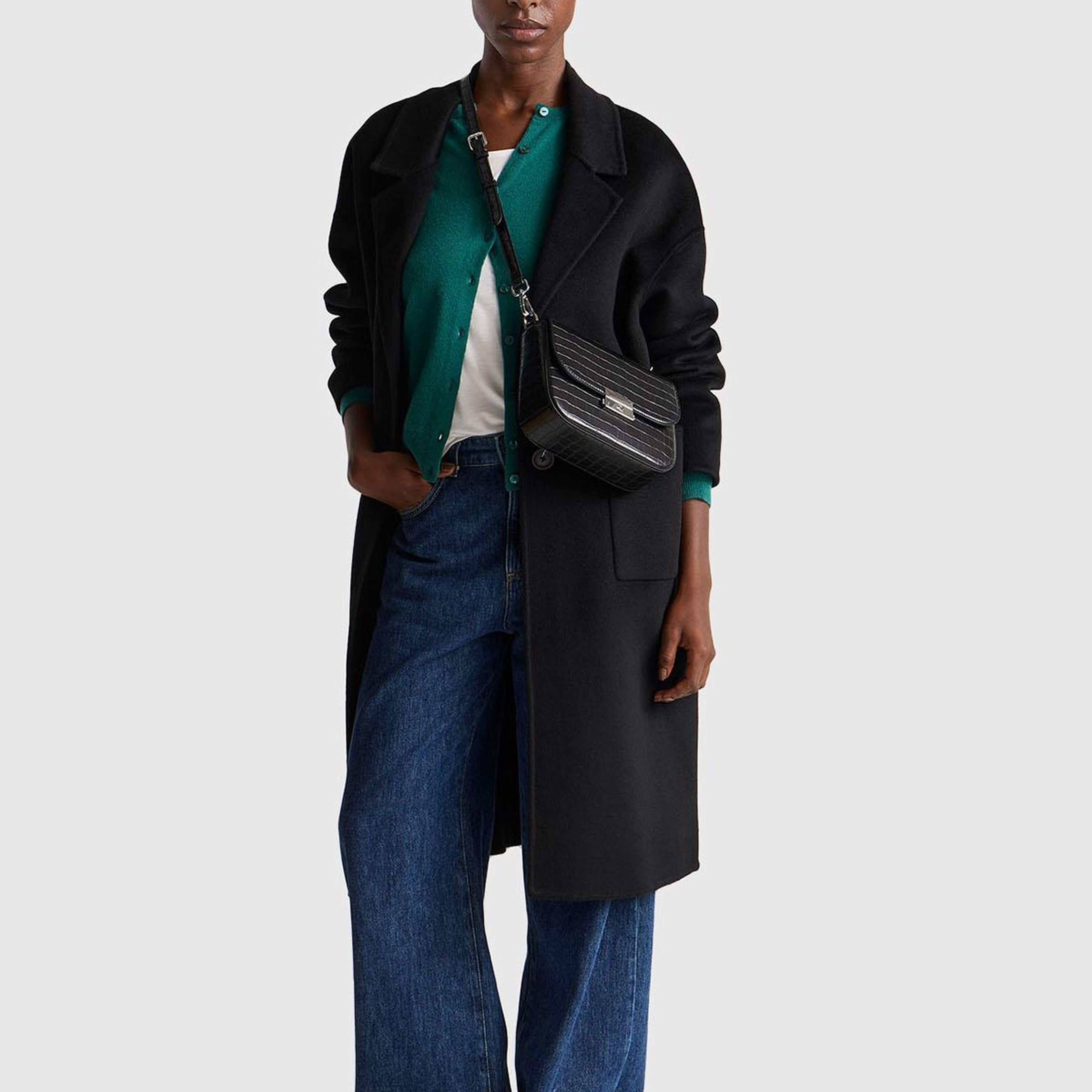 Kadın Sİyah Yün ve Viskoz Karışımlı Cep Detaylı Düğmeli Kruvaze Kaban