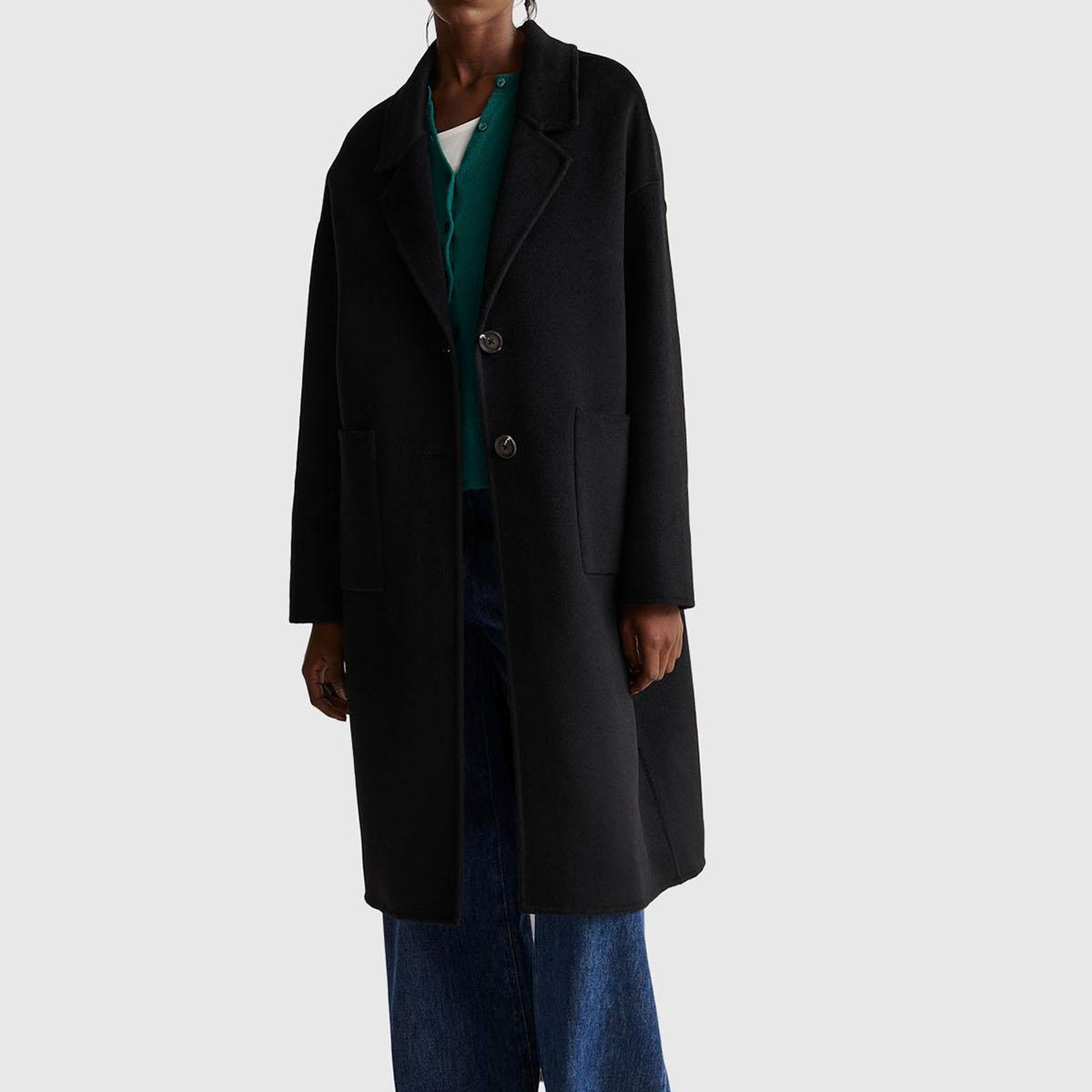 Kadın Sİyah Yün ve Viskoz Karışımlı Cep Detaylı Düğmeli Kruvaze Kaban