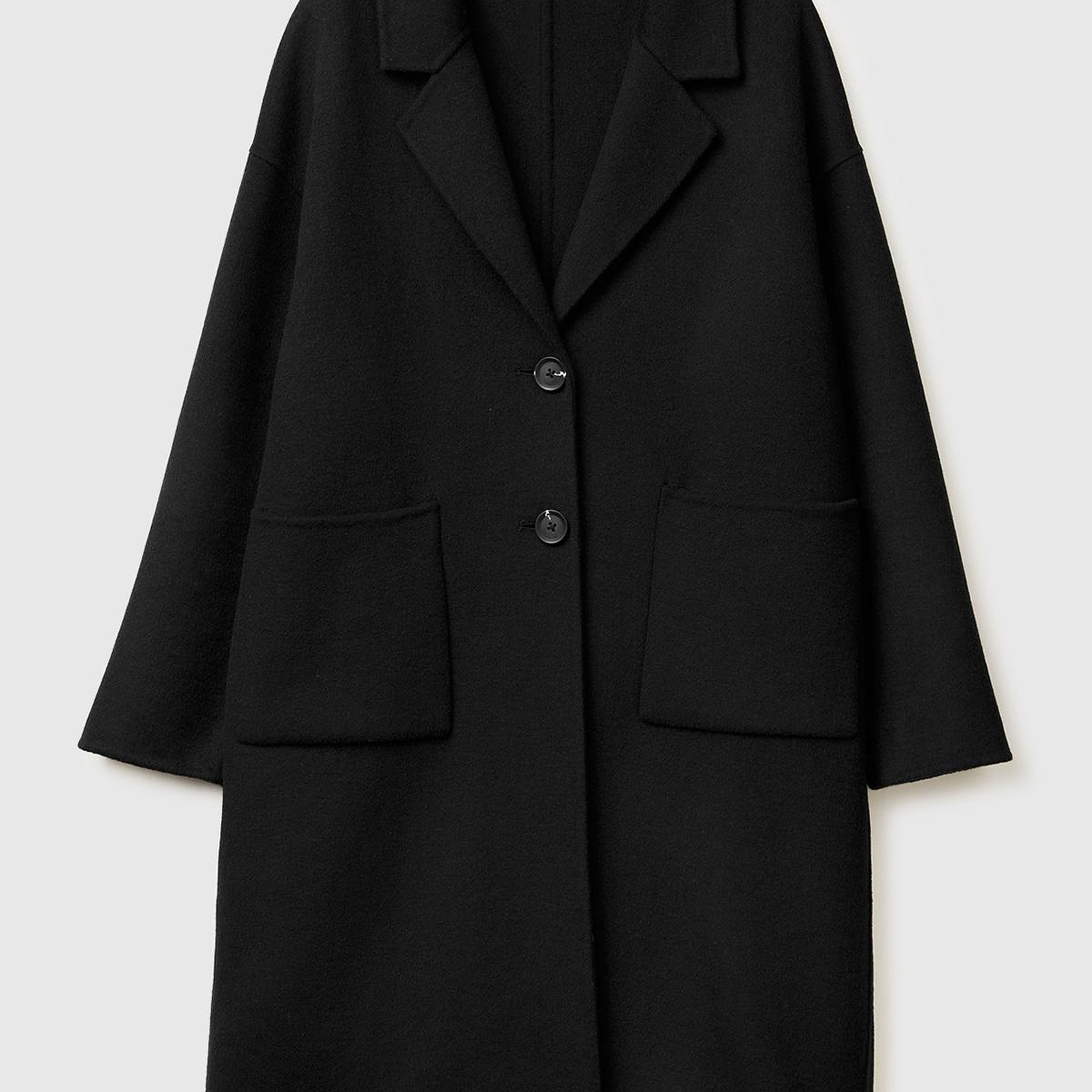 Kadın Sİyah Yün ve Viskoz Karışımlı Cep Detaylı Düğmeli Kruvaze Kaban
