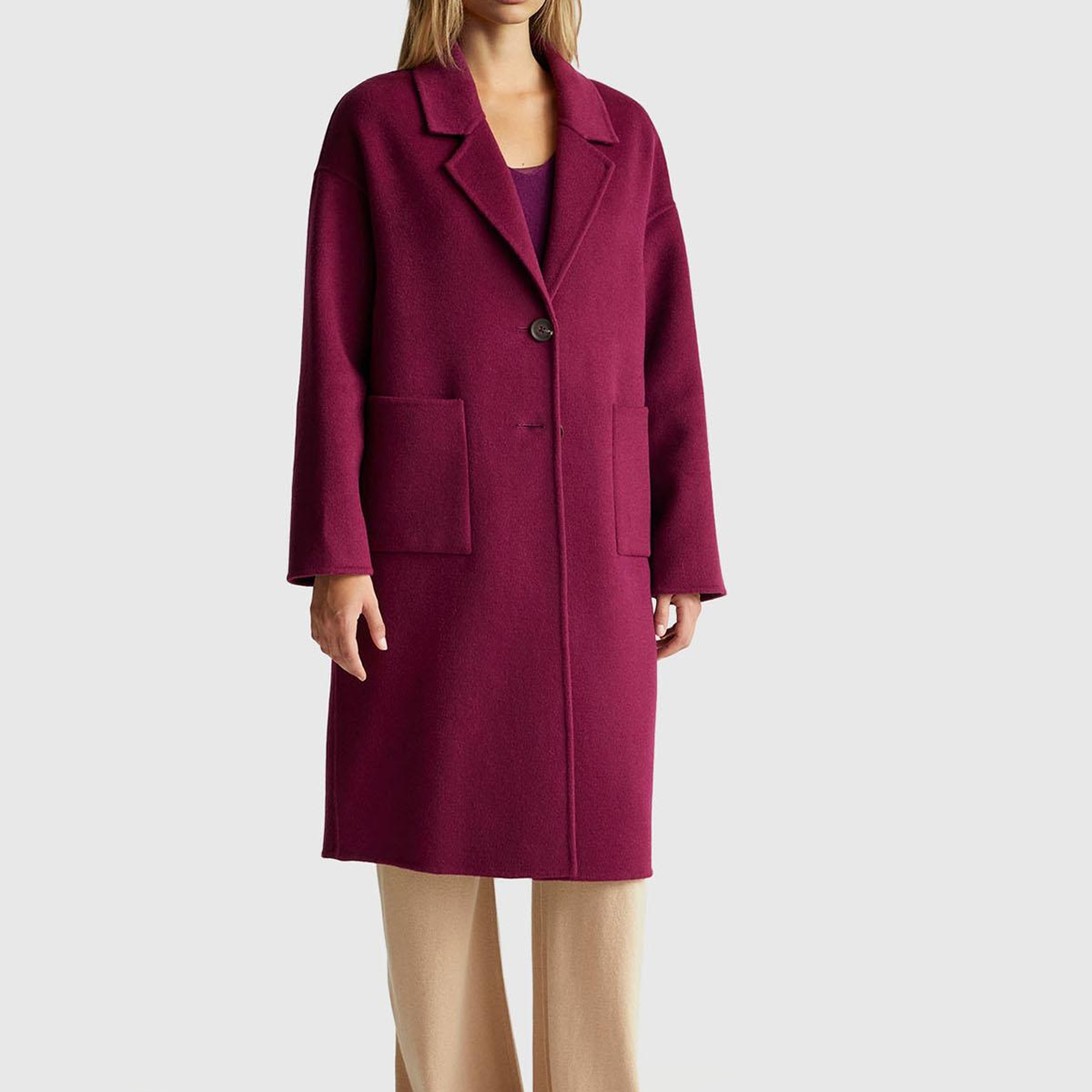 Kadın Mor Yün ve Viskoz Karışımlı Cep Detaylı Düğmeli Kruvaze Kaban