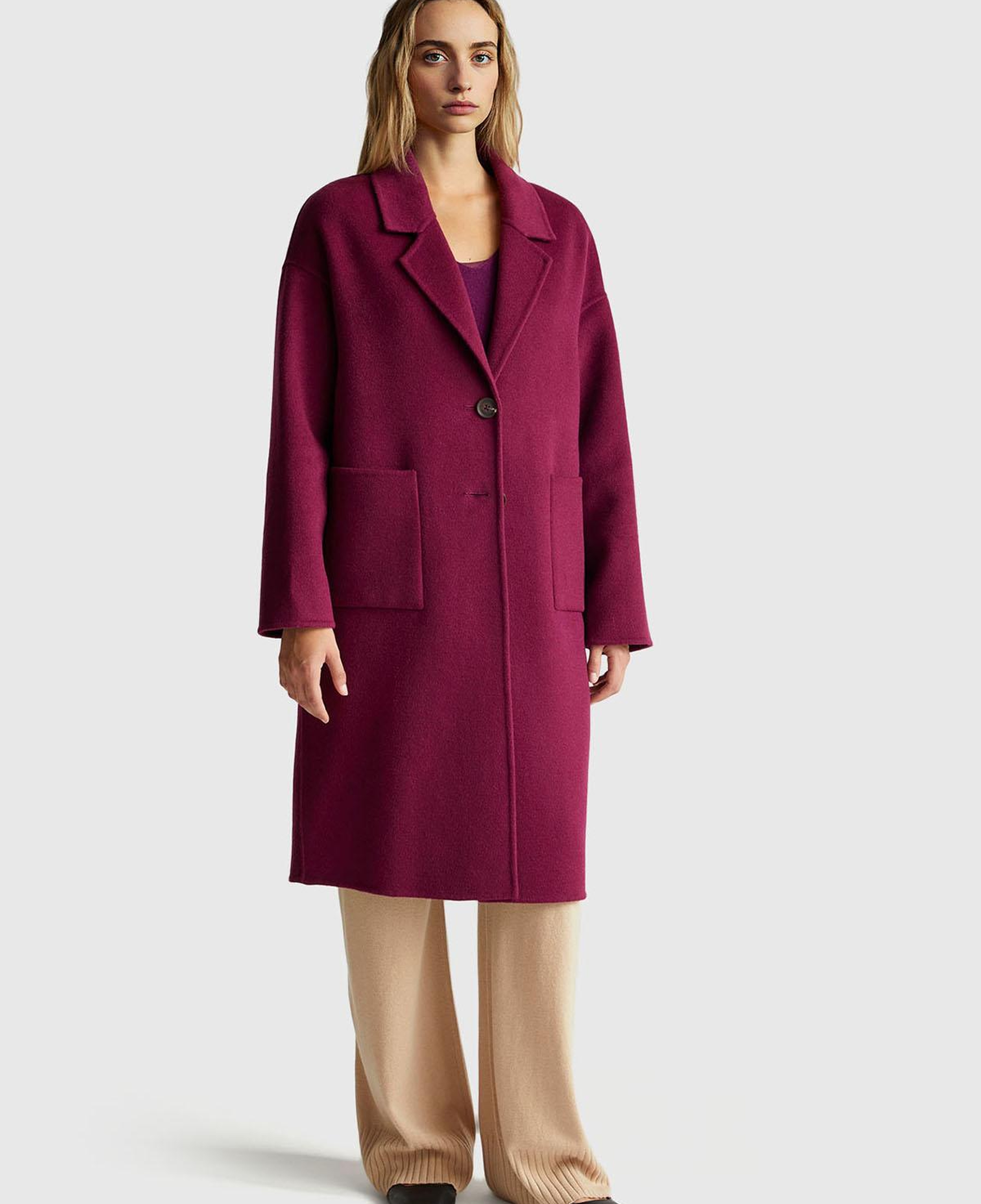 Kadın Mor Yün ve Viskoz Karışımlı Cep Detaylı Düğmeli Kruvaze Kaban