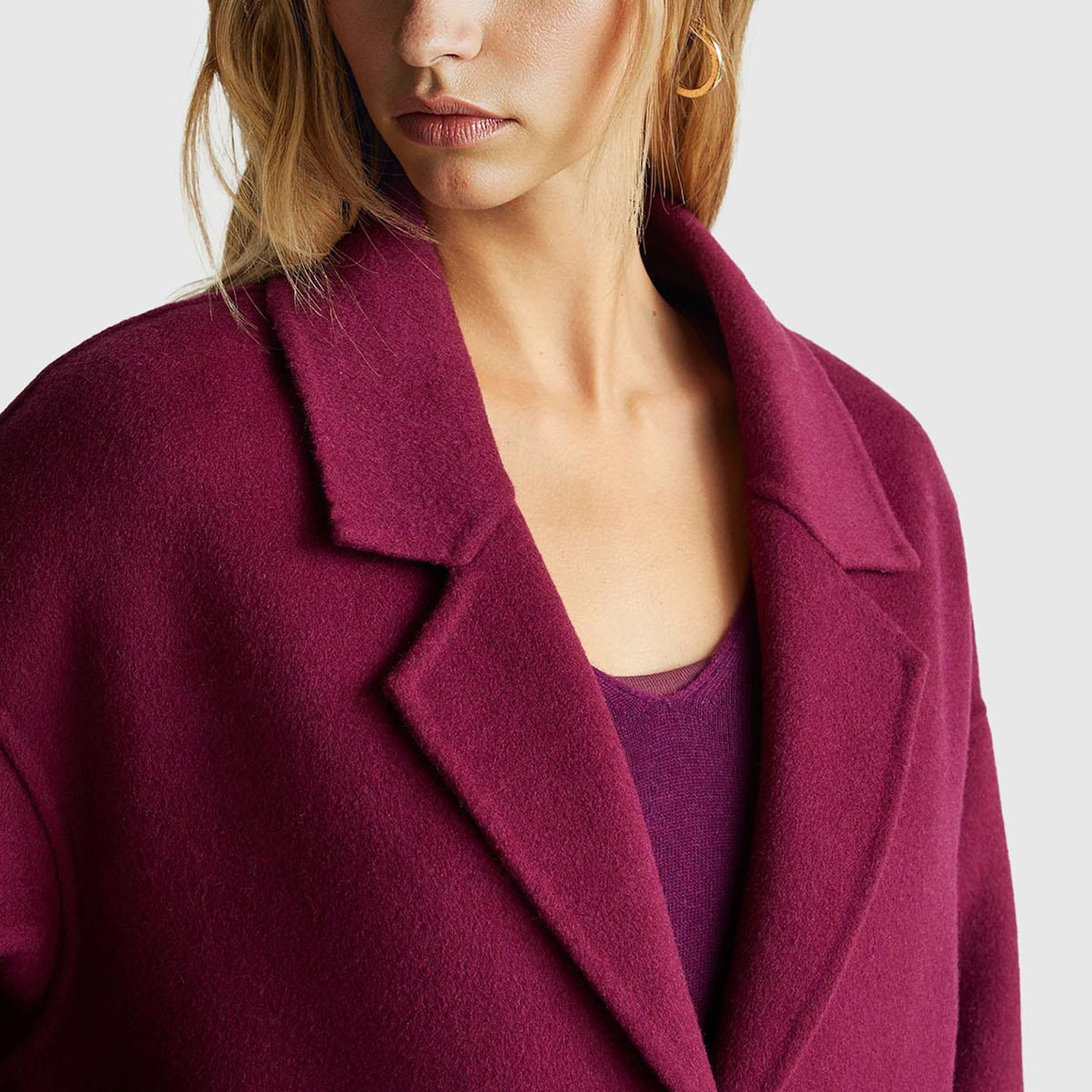 Kadın Mor Yün ve Viskoz Karışımlı Cep Detaylı Düğmeli Kruvaze Kaban