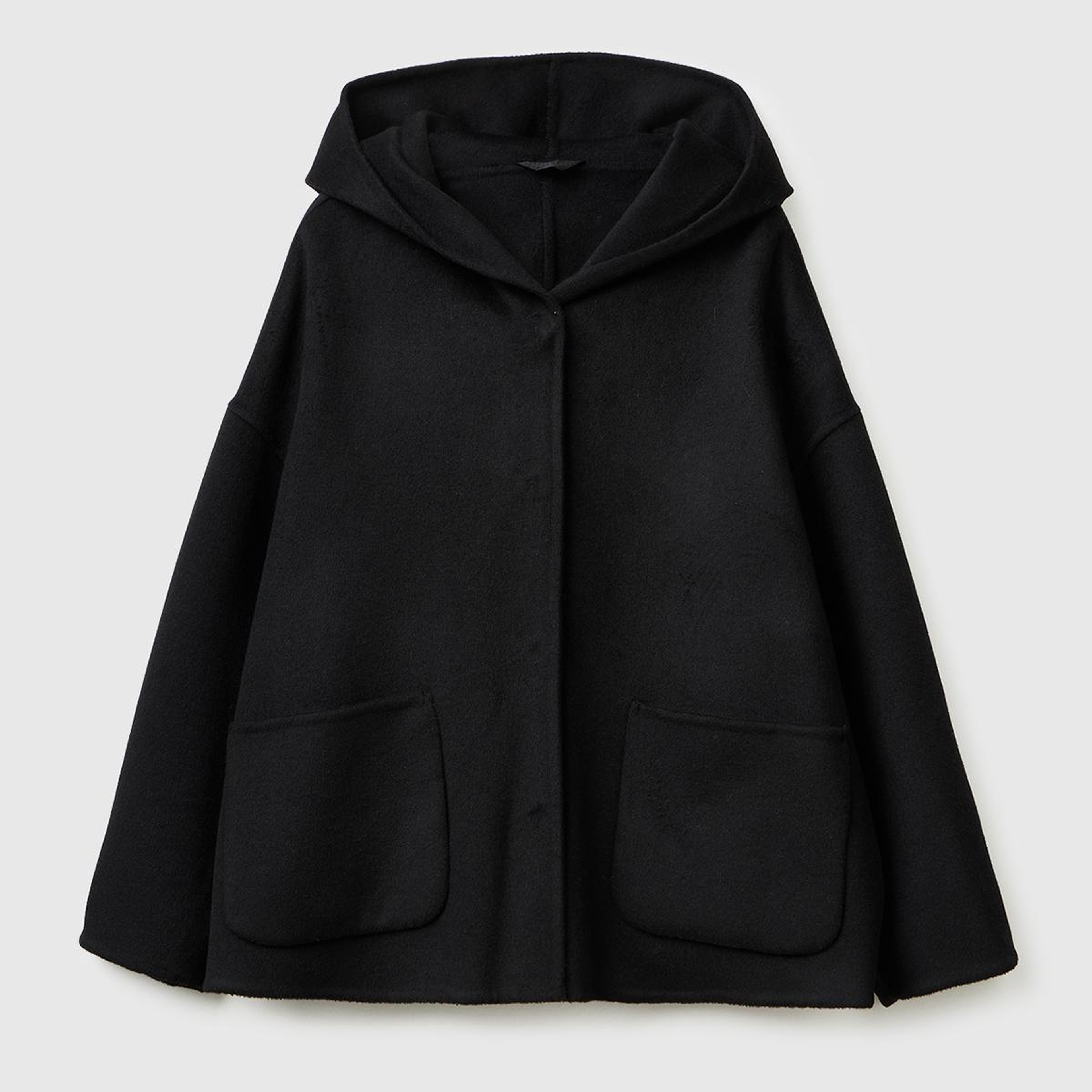 Kadın Siyah Yün ve Viskoz Karışımlı Çift Taraflı Cepli Kapüşonlu Palto