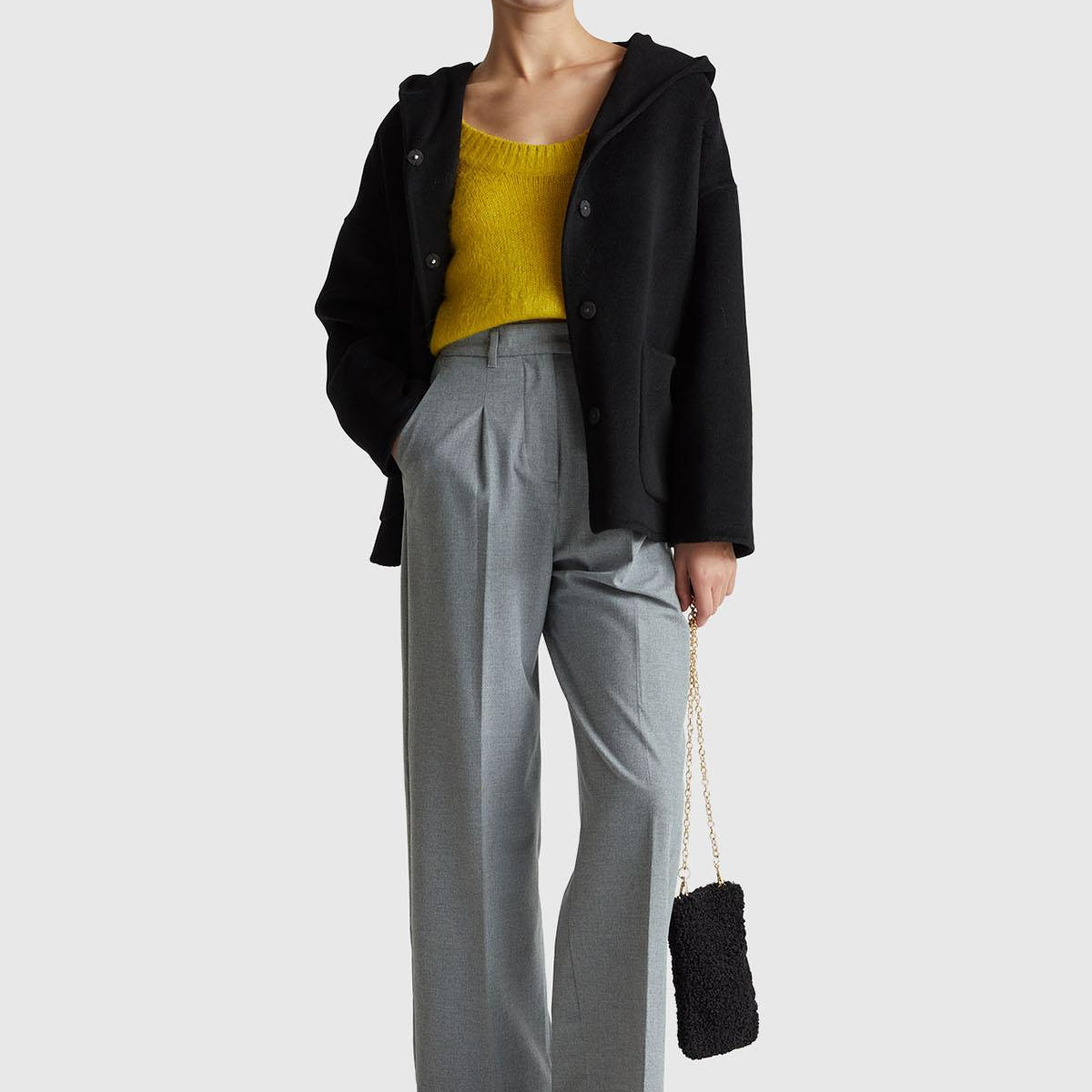 Kadın Siyah Yün ve Viskoz Karışımlı Çift Taraflı Cepli Kapüşonlu Palto