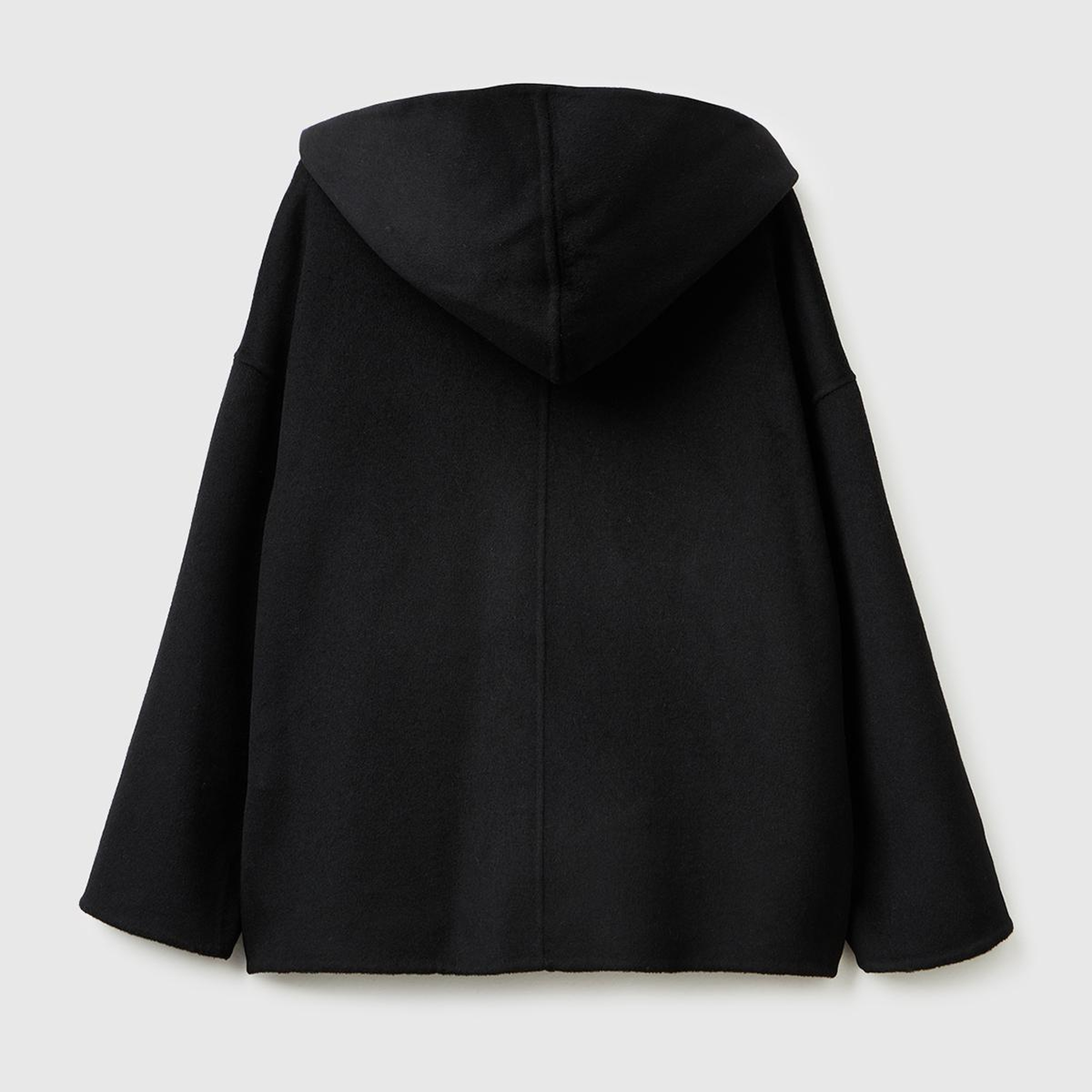 Kadın Siyah Yün ve Viskoz Karışımlı Çift Taraflı Cepli Kapüşonlu Palto