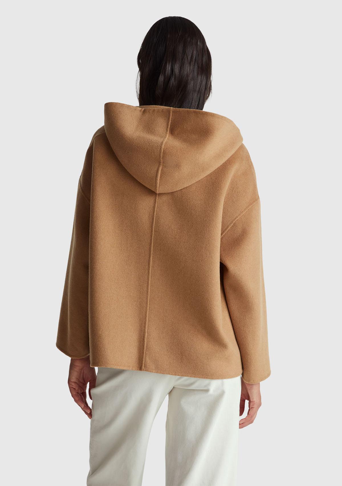 Kadın Açık Kahverengi Yün ve Viskoz Karışımlı Çift Taraflı Cepli Kapüşonlu Palto