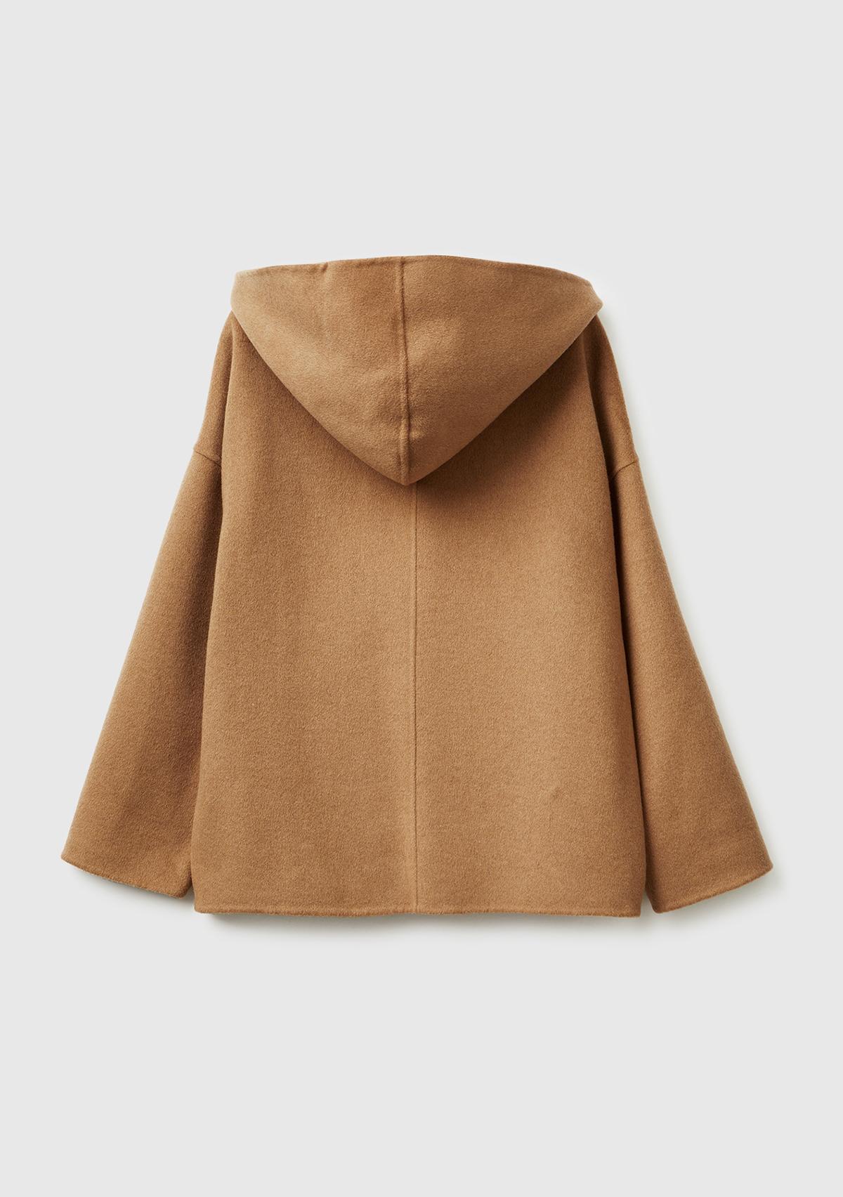 Kadın Açık Kahverengi Yün ve Viskoz Karışımlı Çift Taraflı Cepli Kapüşonlu Palto