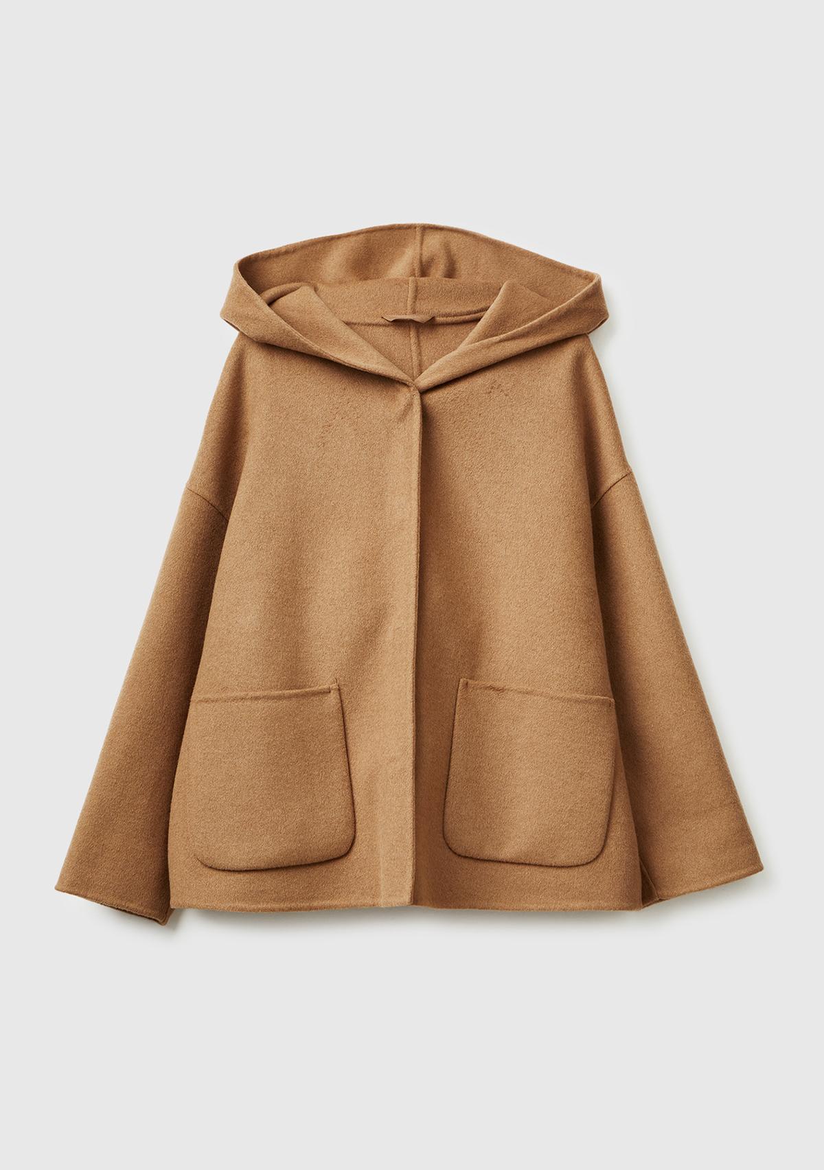 Kadın Açık Kahverengi Yün ve Viskoz Karışımlı Çift Taraflı Cepli Kapüşonlu Palto