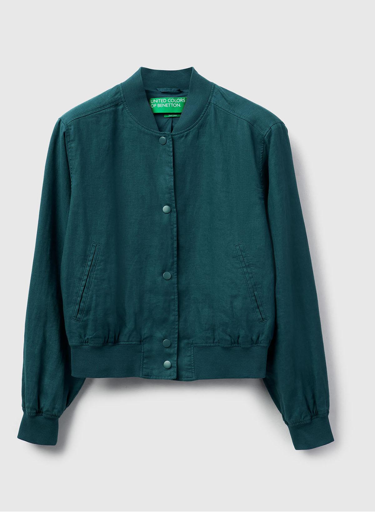 Kadın Koyu Yeşil %100 Keten Bomber Ceket