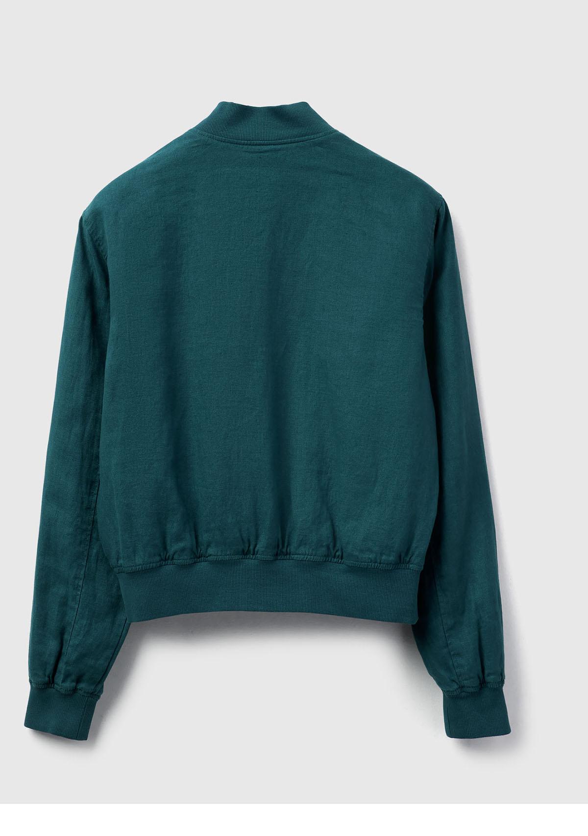 Kadın Koyu Yeşil %100 Keten Bomber Ceket