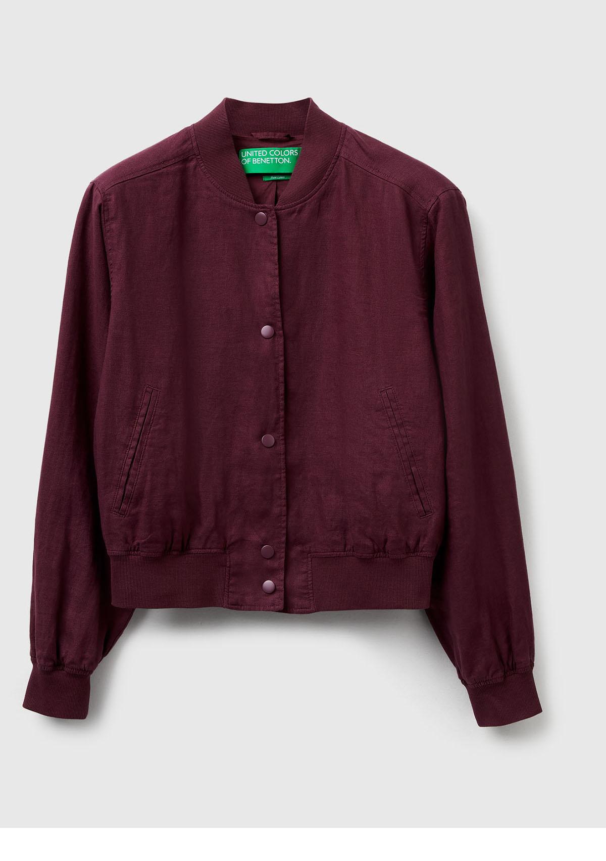 Kadın Mürdüm %100 Keten Bomber Ceket