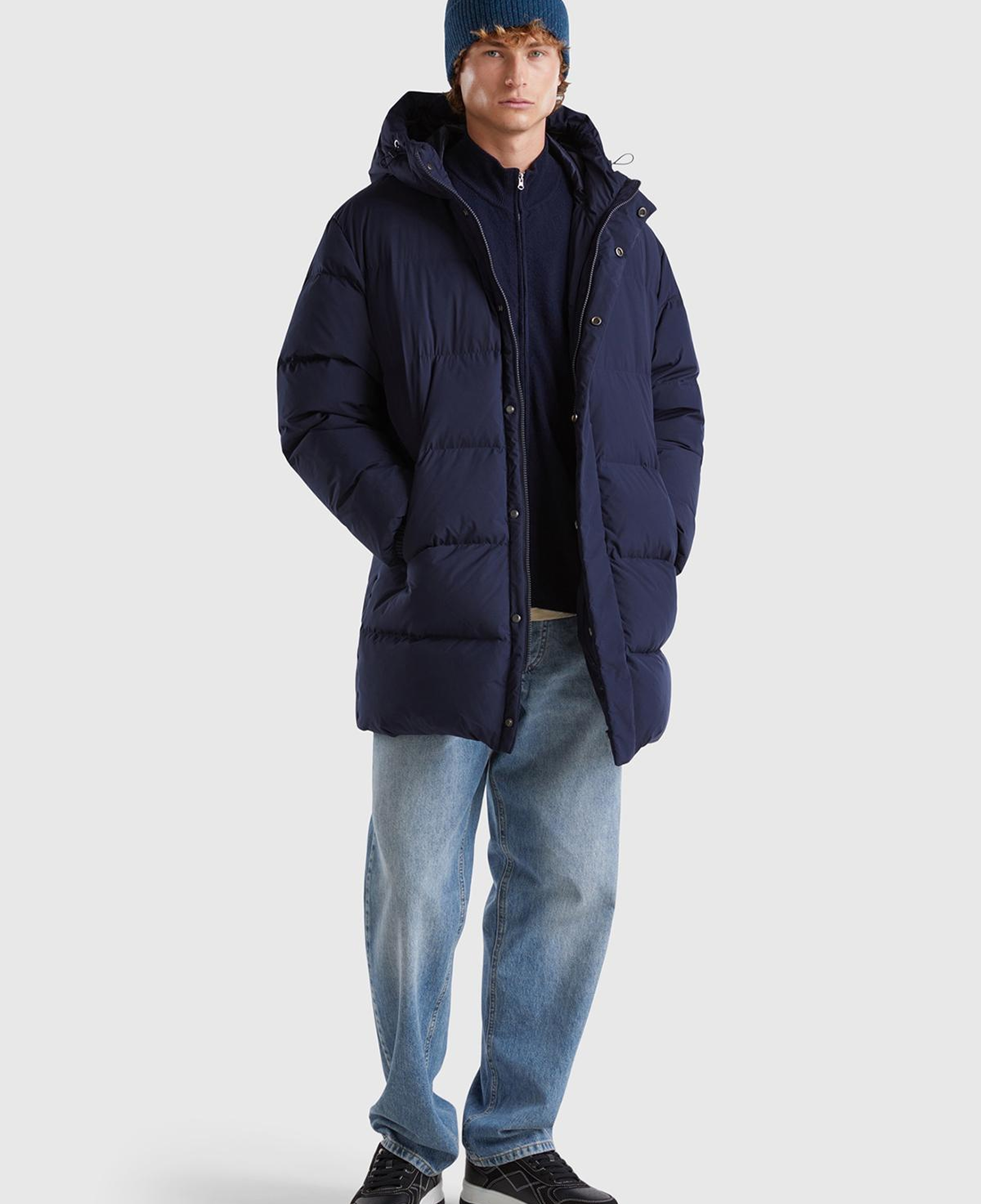 Erkek Lacivert Kaz Tüyü Dolgulu Yanları Cepli Gizli Fermuarlı Kapüşonlu Uzun Mont