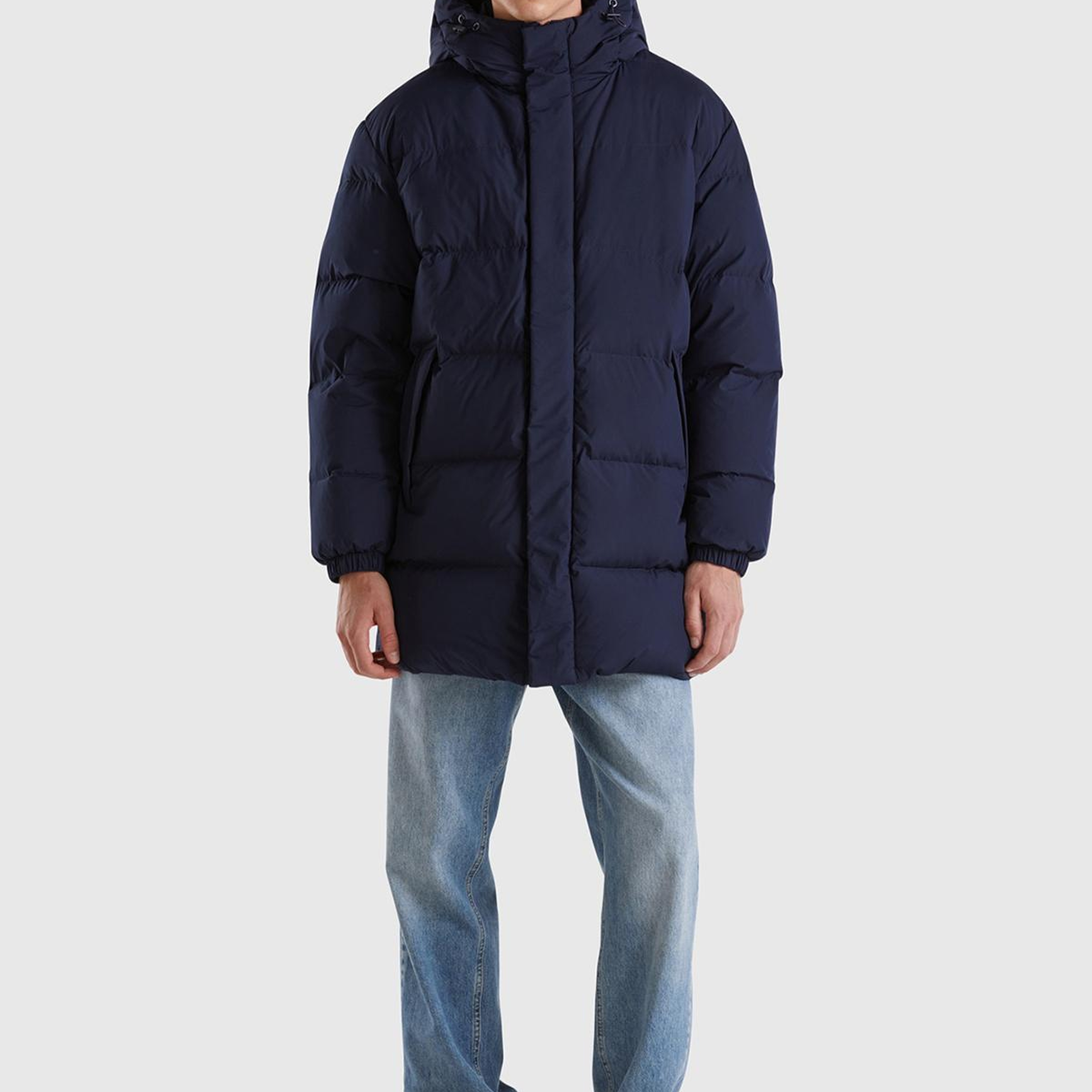 Erkek Lacivert Kaz Tüyü Dolgulu Yanları Cepli Gizli Fermuarlı Kapüşonlu Uzun Mont