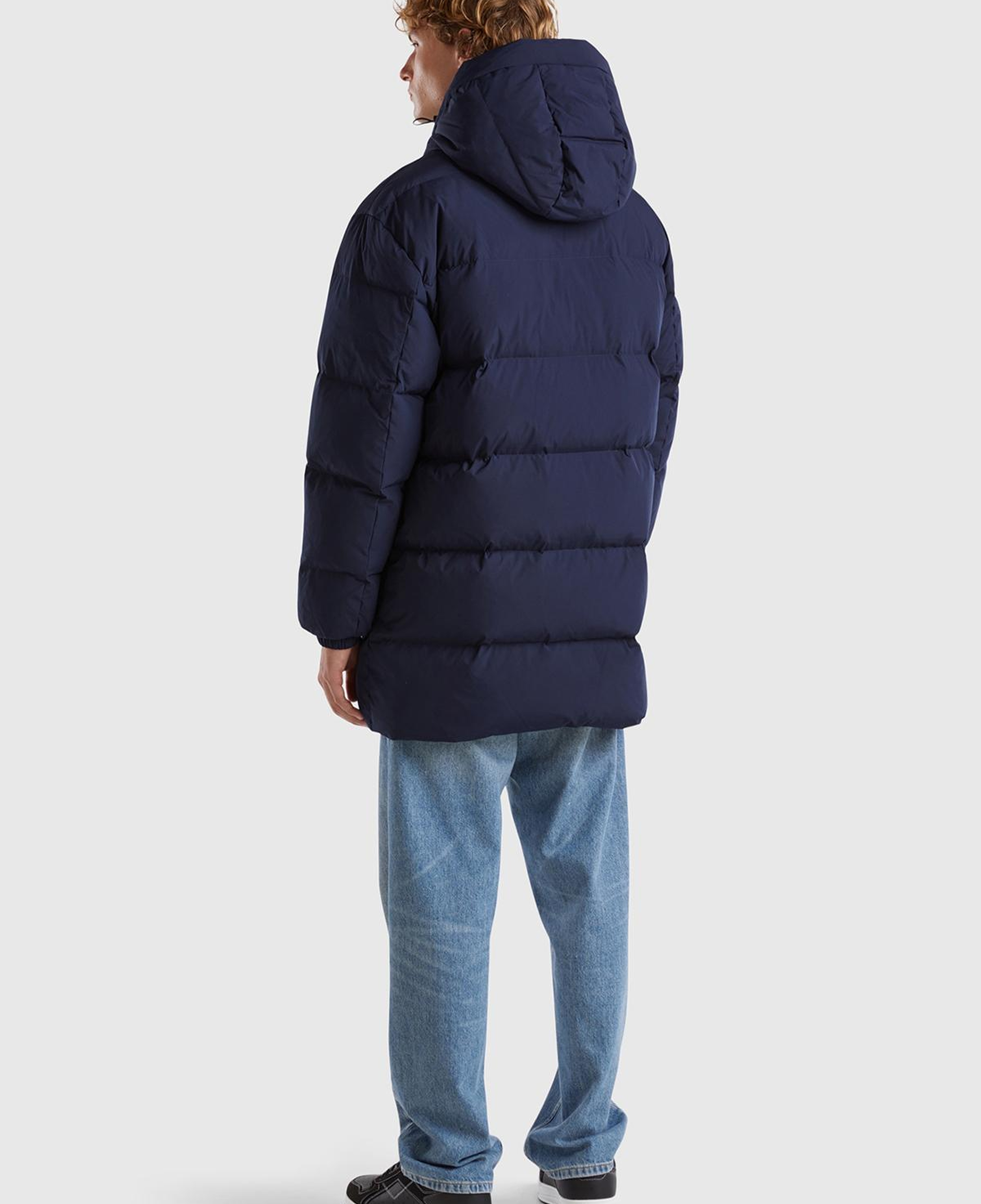 Erkek Lacivert Kaz Tüyü Dolgulu Yanları Cepli Gizli Fermuarlı Kapüşonlu Uzun Mont