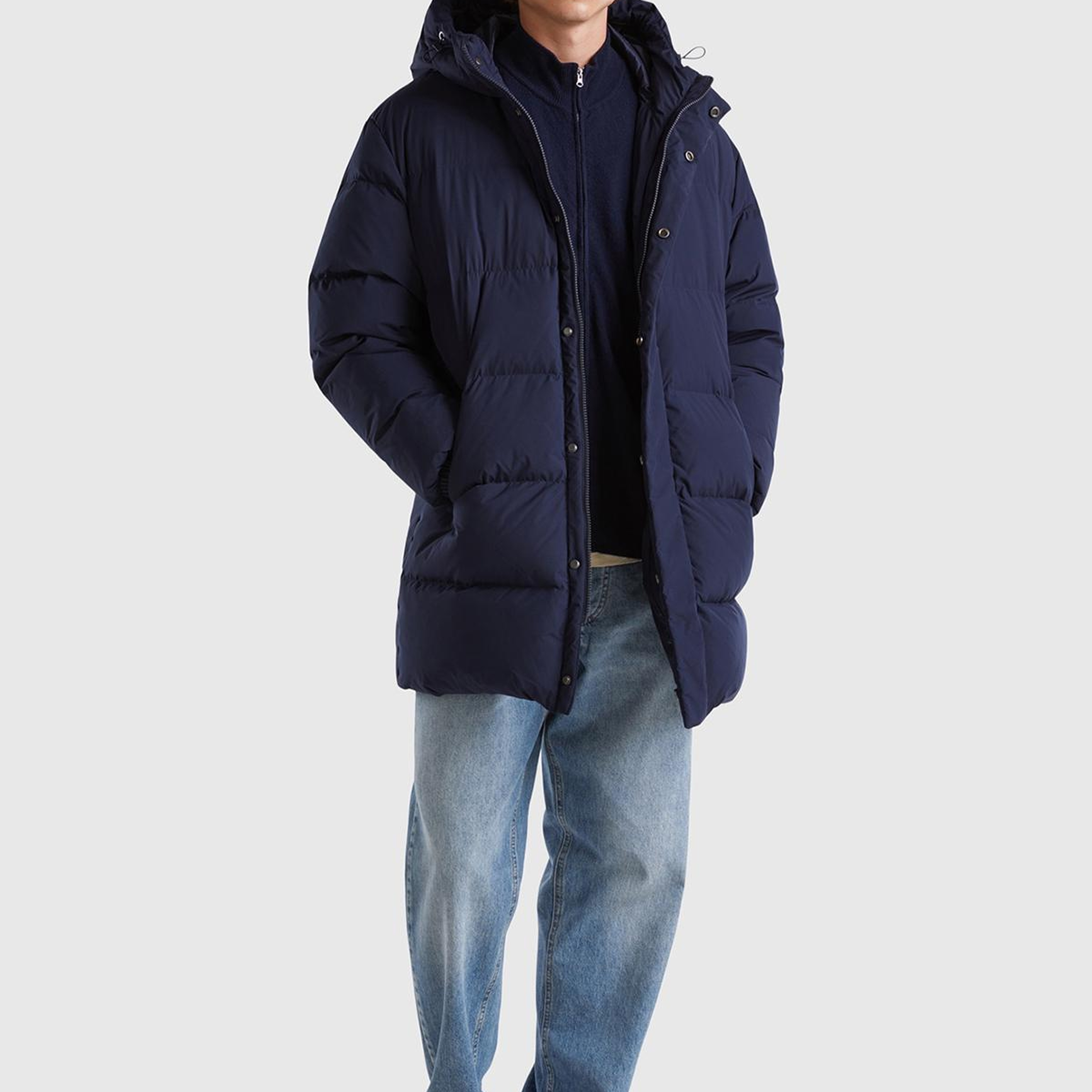 Erkek Lacivert Kaz Tüyü Dolgulu Yanları Cepli Gizli Fermuarlı Kapüşonlu Uzun Mont