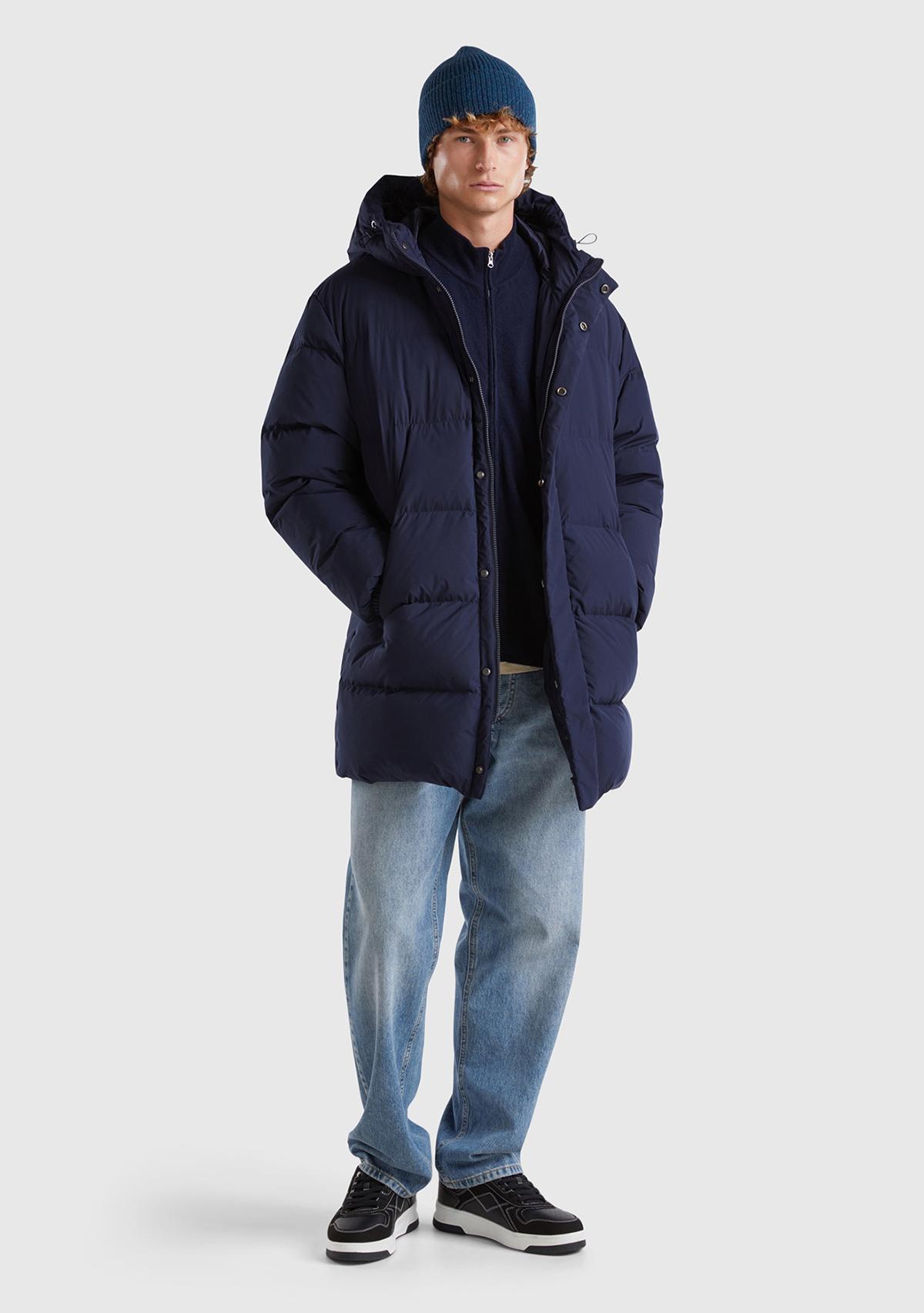 Erkek Lacivert Kaz Tüyü Dolgulu Yanları Cepli Gizli Fermuarlı Kapüşonlu Uzun Mont