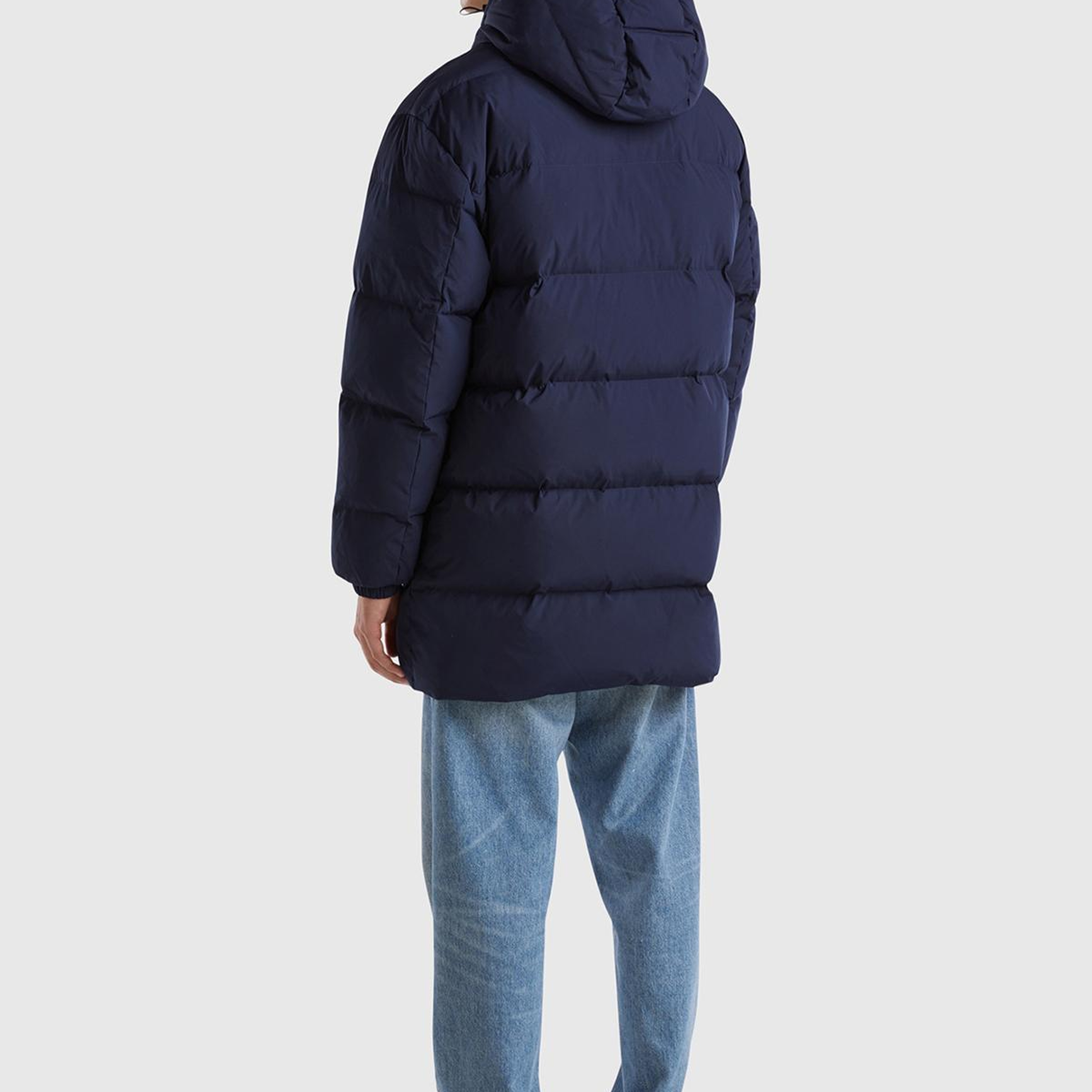 Erkek Lacivert Kaz Tüyü Dolgulu Yanları Cepli Gizli Fermuarlı Kapüşonlu Uzun Mont