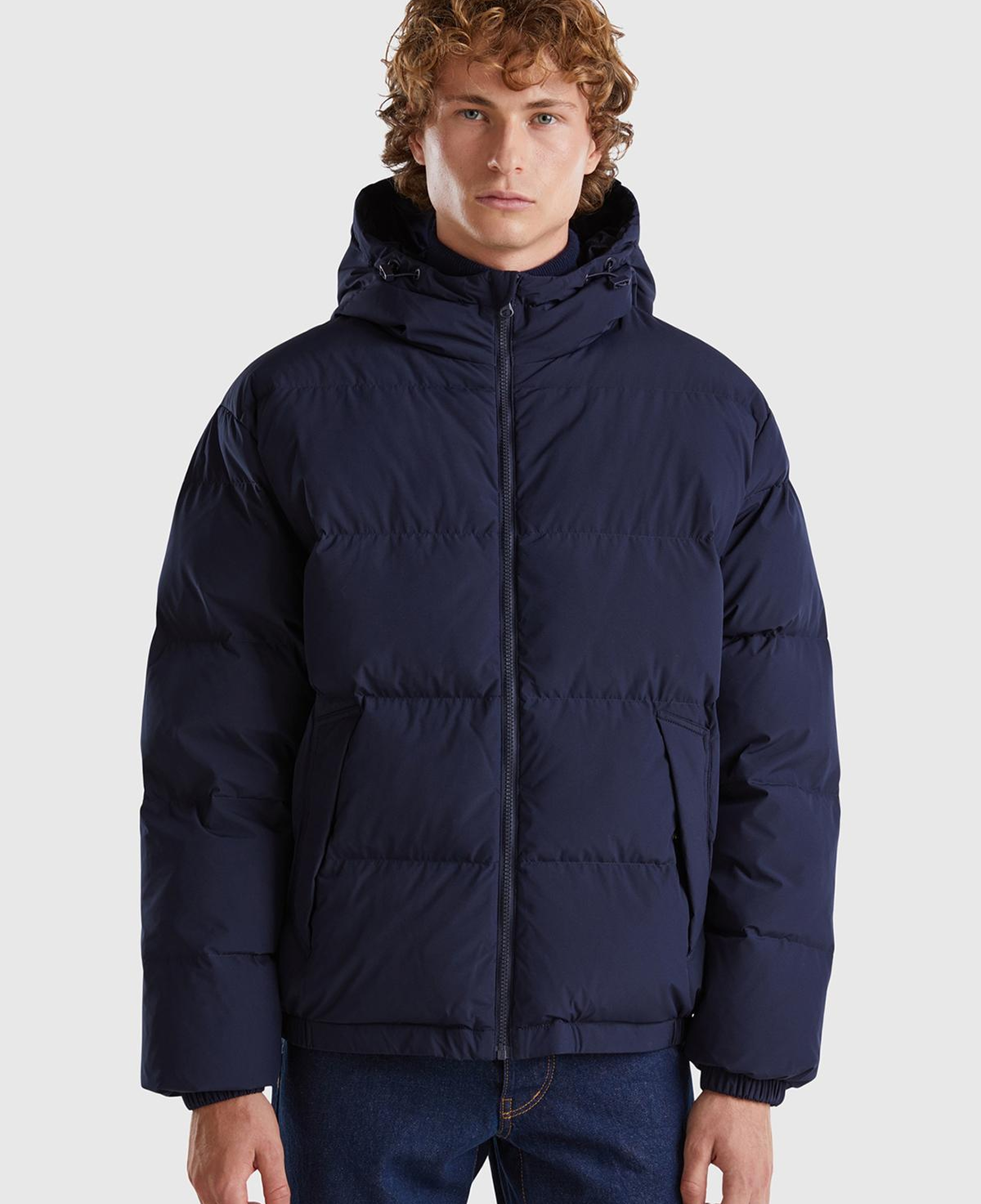 Erkek Lacivert Kaz Tüyü Dolgulu Yanları Cepli Gizli Fermuarlı Kapüşonlu Mont