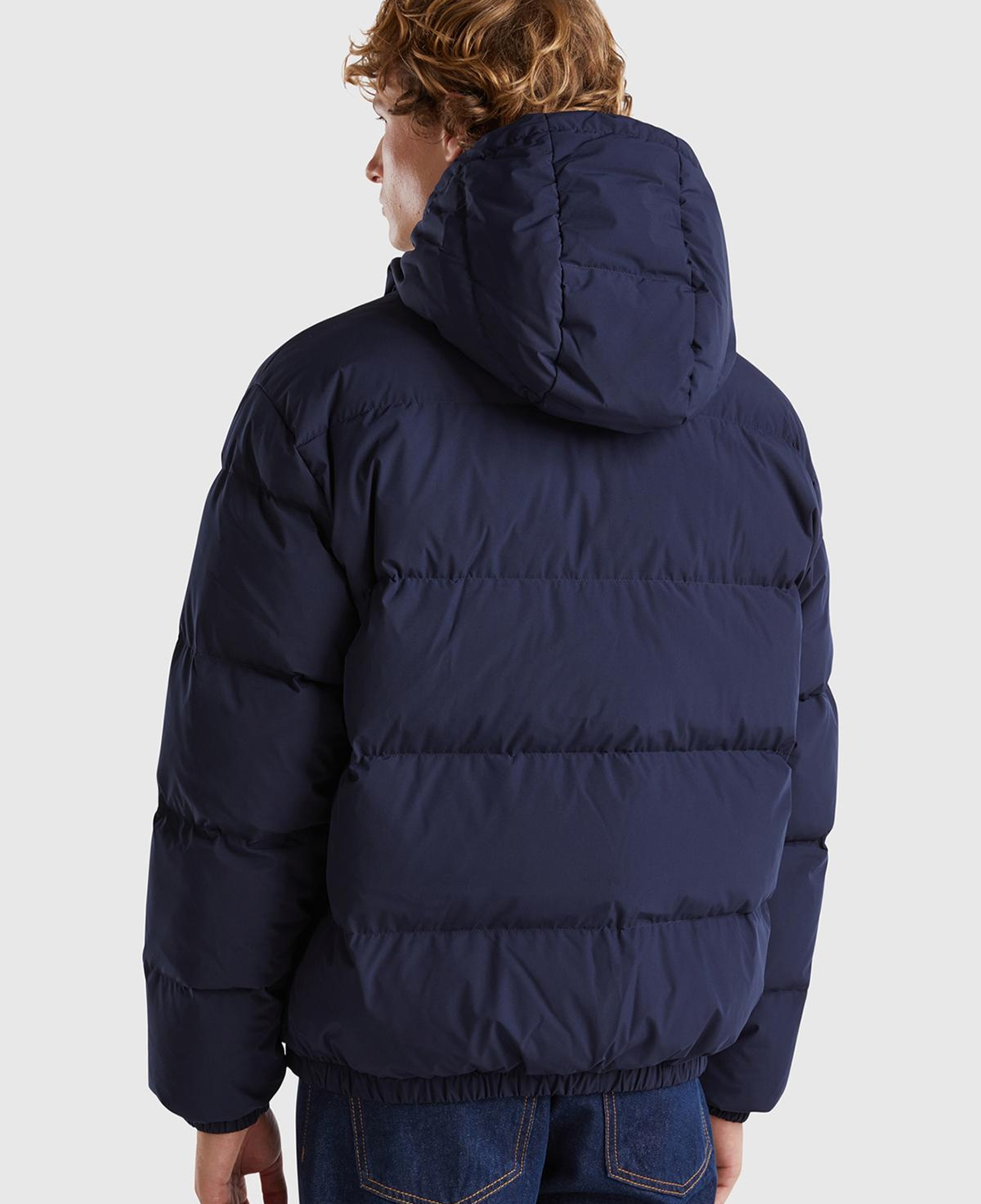 Erkek Lacivert Kaz Tüyü Dolgulu Yanları Cepli Gizli Fermuarlı Kapüşonlu Mont