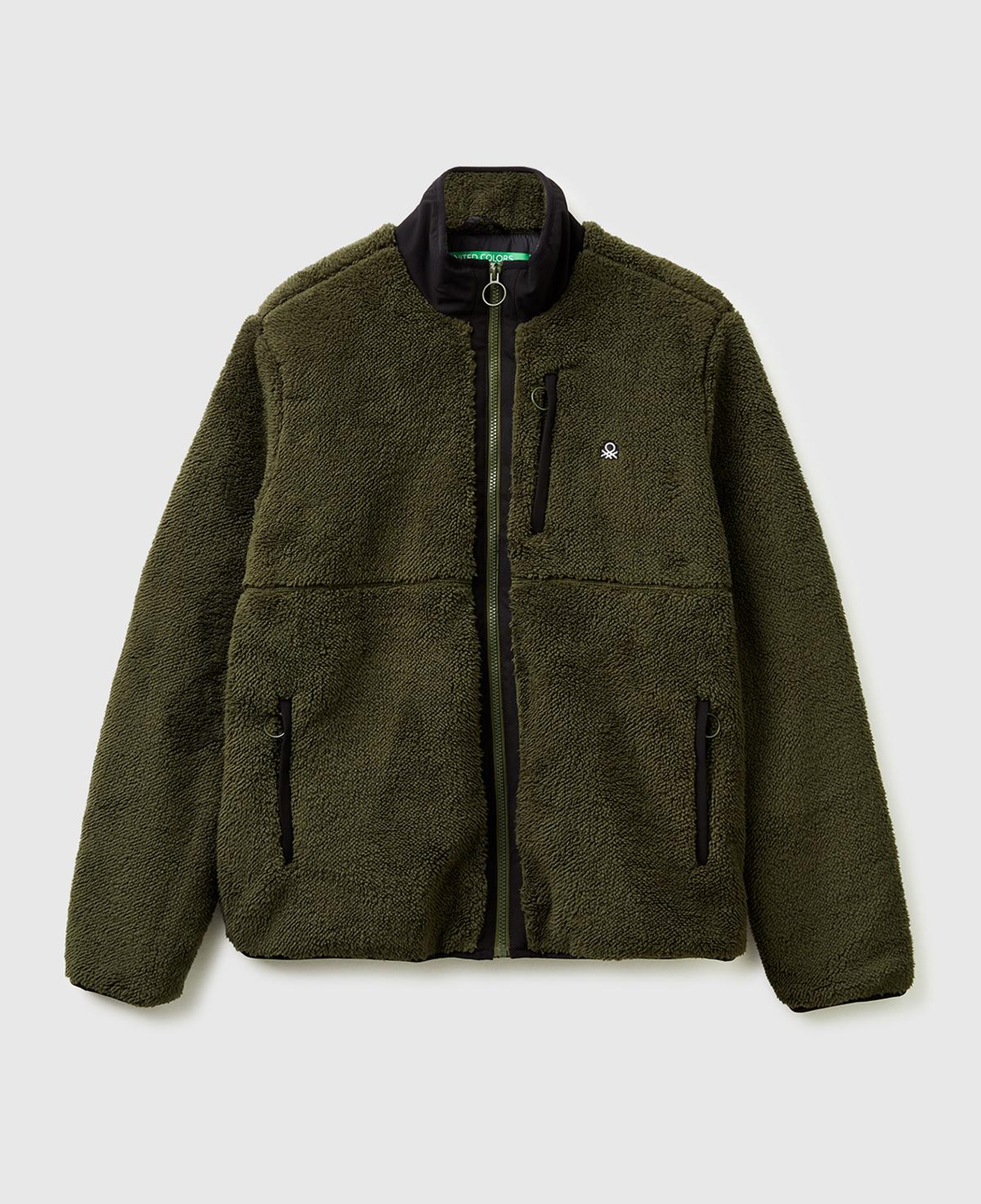 Erkek Haki  Önü Logo İşlemeli Cep Detaylı Dik Yaka Polar Ceket