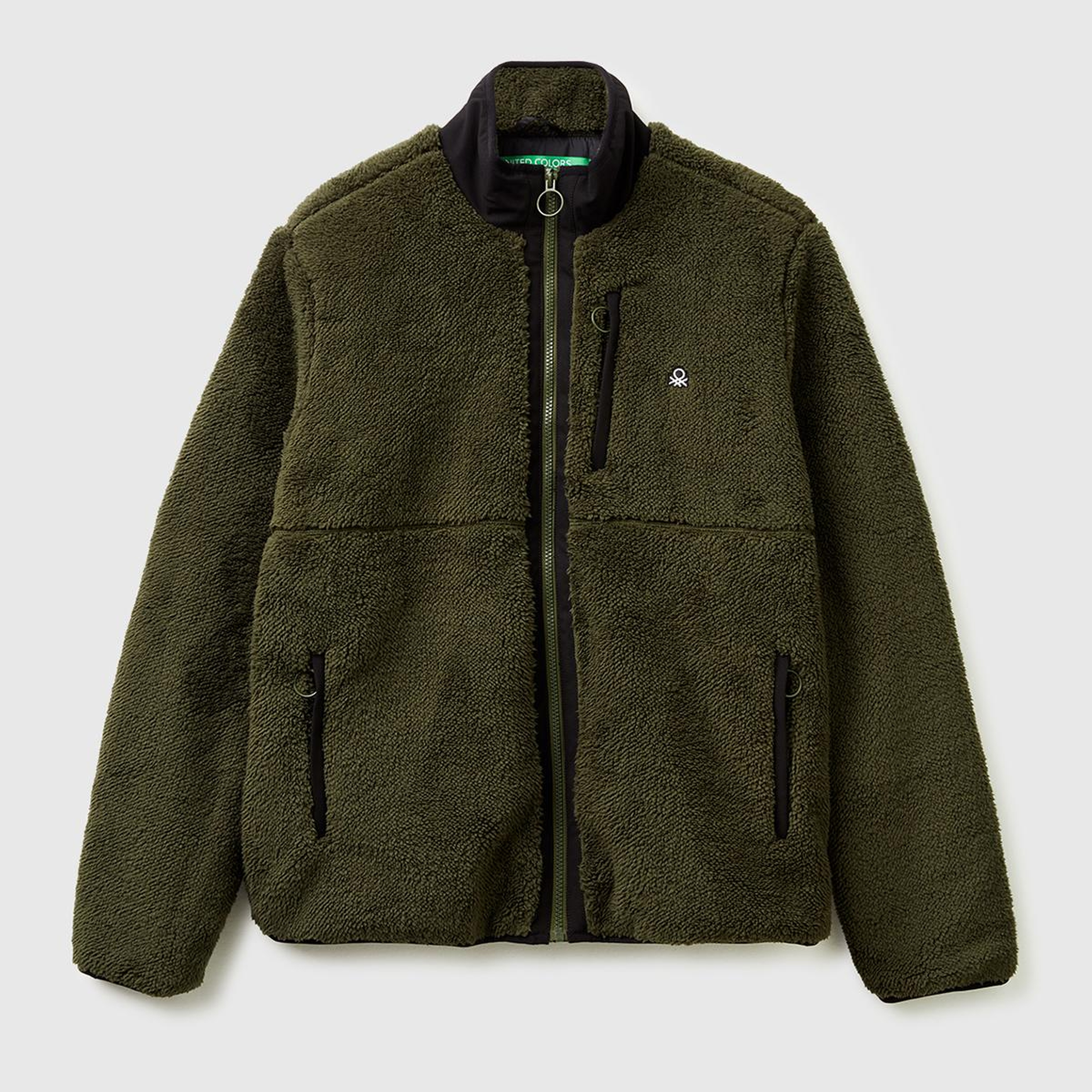 Erkek Haki  Önü Logo İşlemeli Cep Detaylı Dik Yaka Polar Ceket