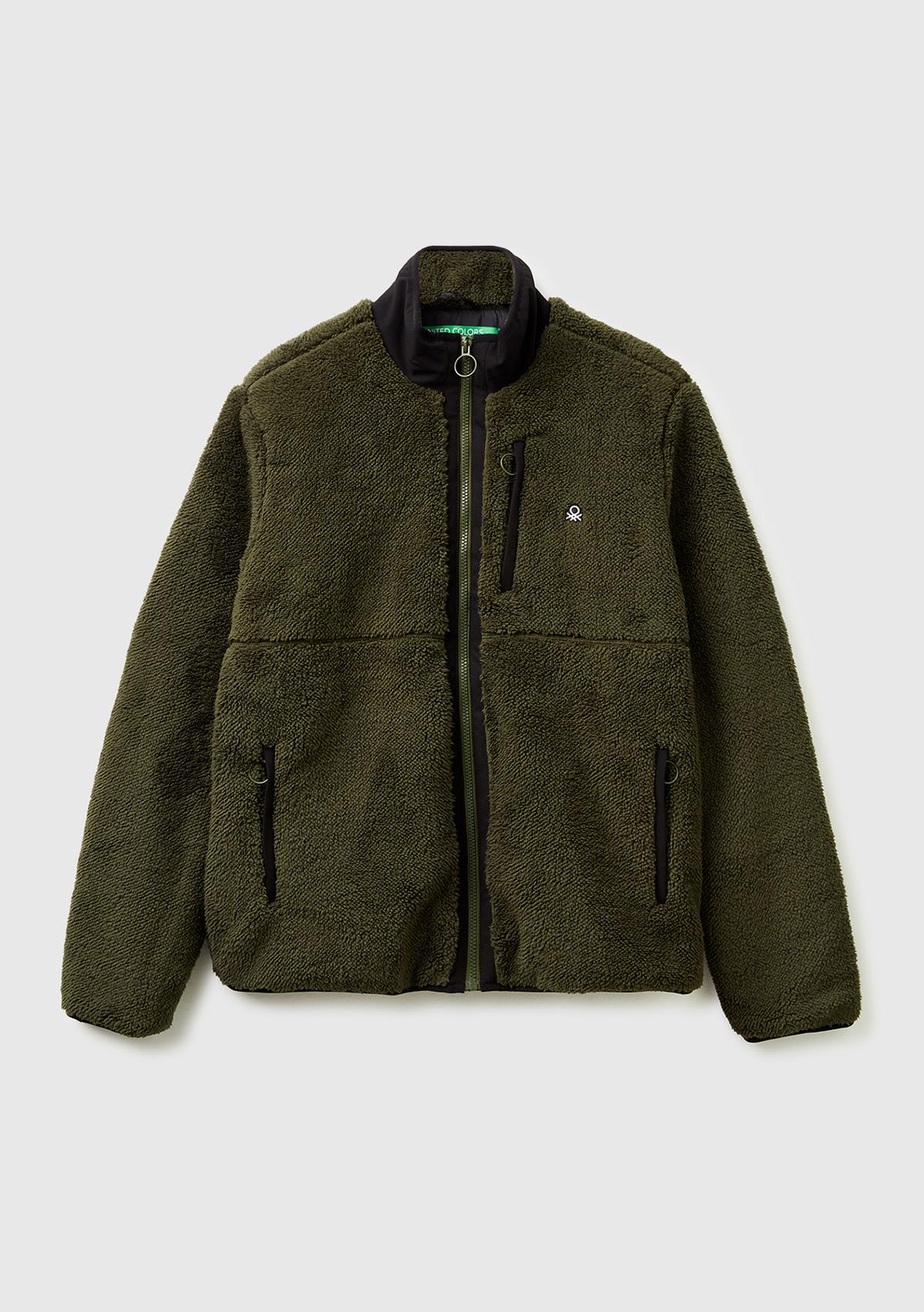 Erkek Haki  Önü Logo İşlemeli Cep Detaylı Dik Yaka Polar Ceket