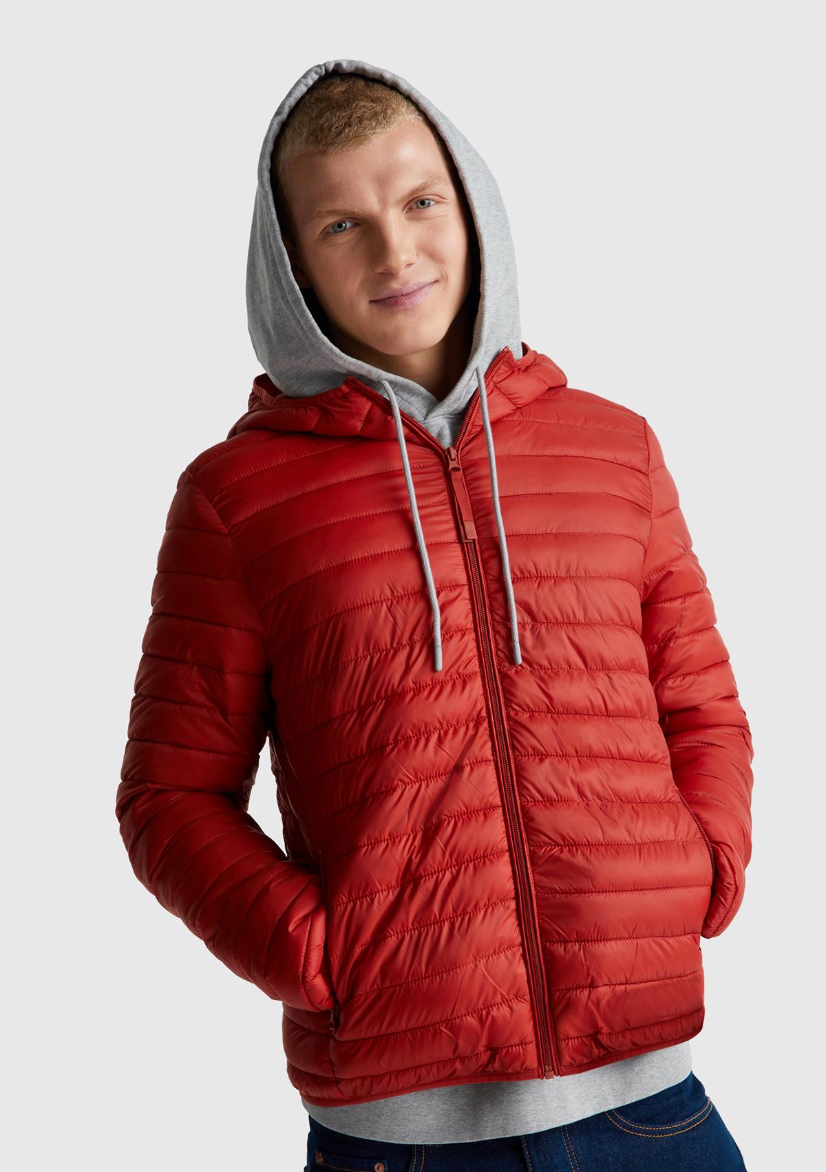 Erkek Kırmızı Regular Fit Kapüşonlu Puffer Mont