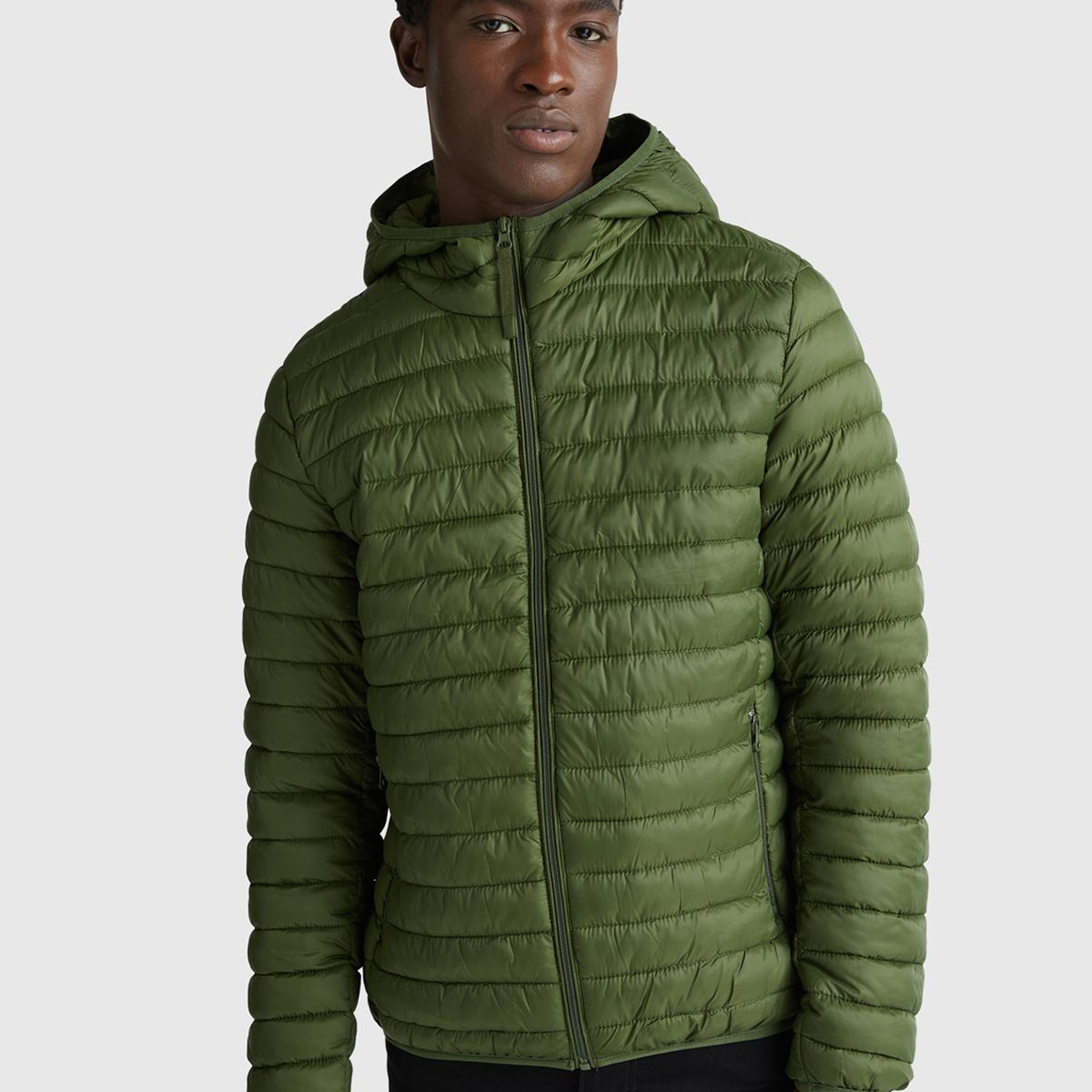 Erkek Haki Yeşilli Regular Fit Kapüşonlu Puffer Mont