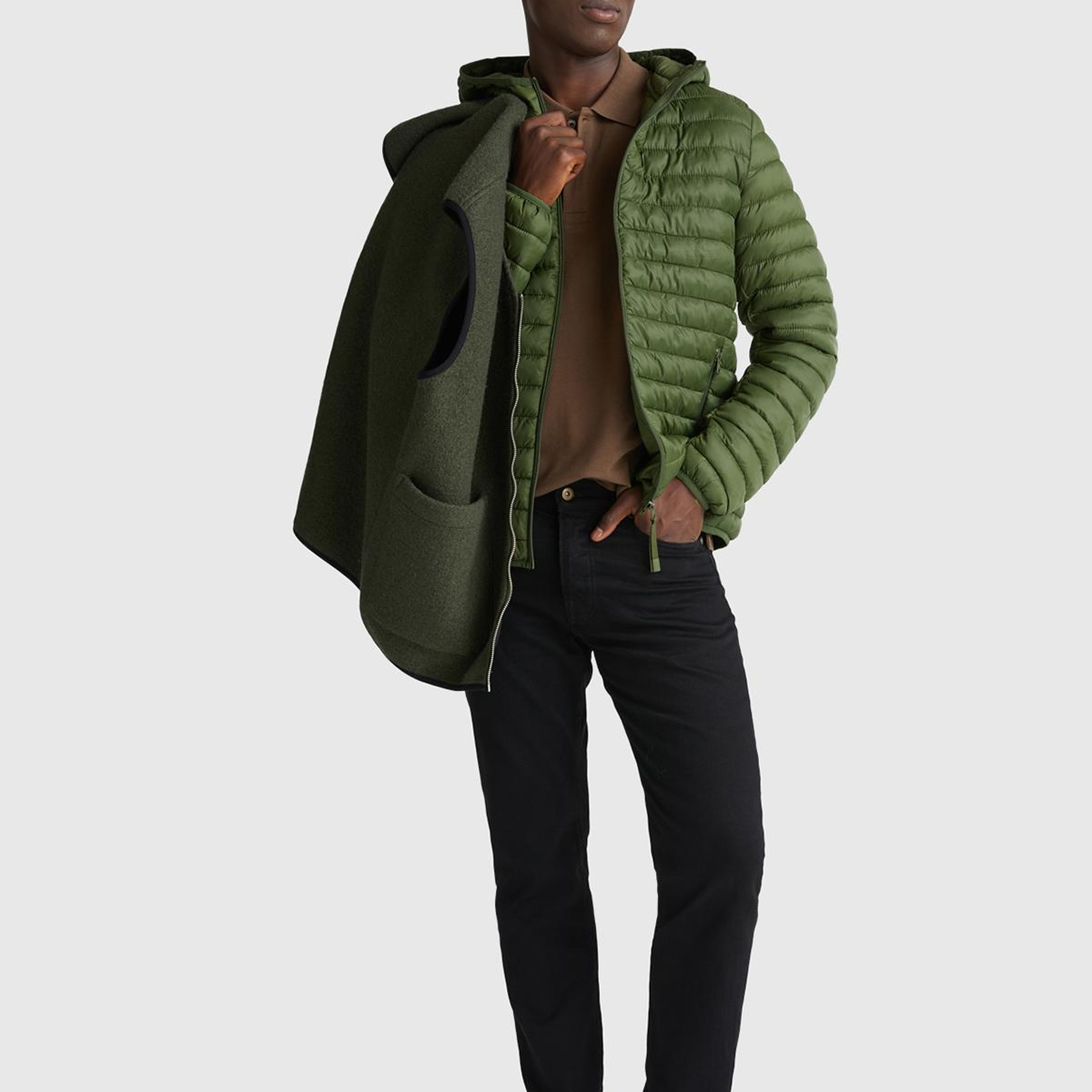 Erkek Haki Yeşilli Regular Fit Kapüşonlu Puffer Mont