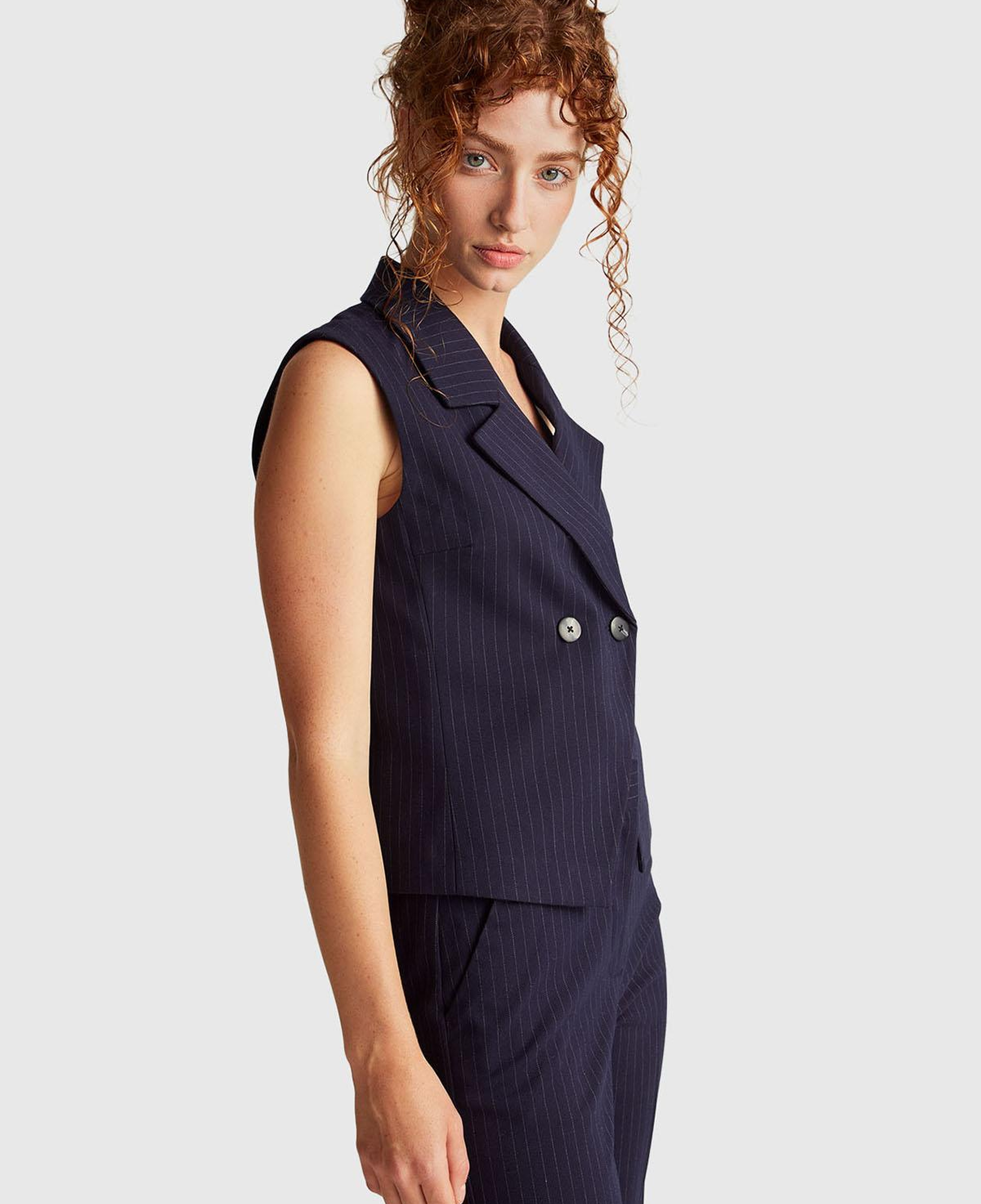 Kadın Lacivert Desenli Viskoz Karışımlı Düğmeli Kruvaze Yelek