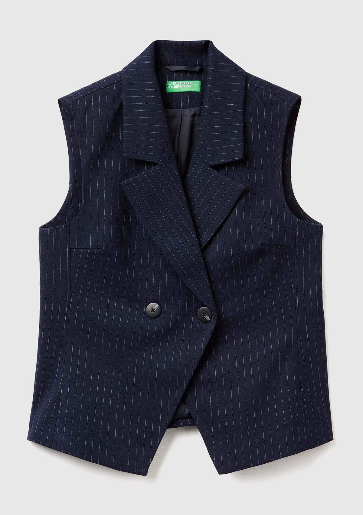 Kadın Lacivert Desenli Viskoz Karışımlı Düğmeli Kruvaze Yelek