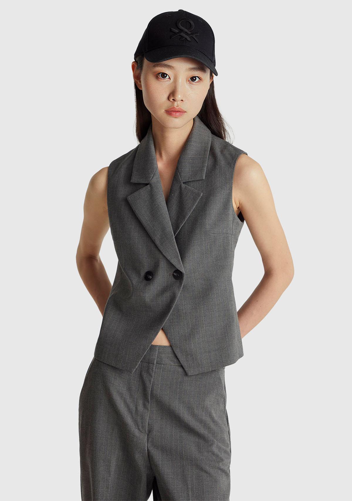 Kadın Haki Desenli Viskoz Karışımlı Düğmeli Kruvaze Yelek