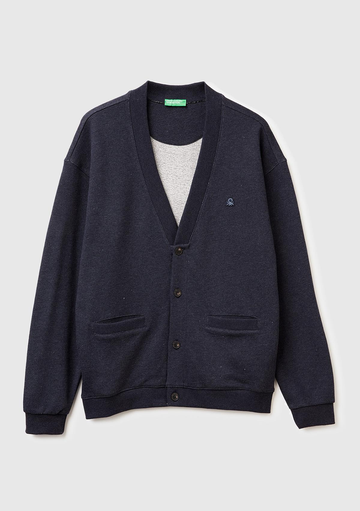 Erkek Lacivert %100 Pamuk Logo İşlemeli Cep Detaylı Düğmeli Hırka