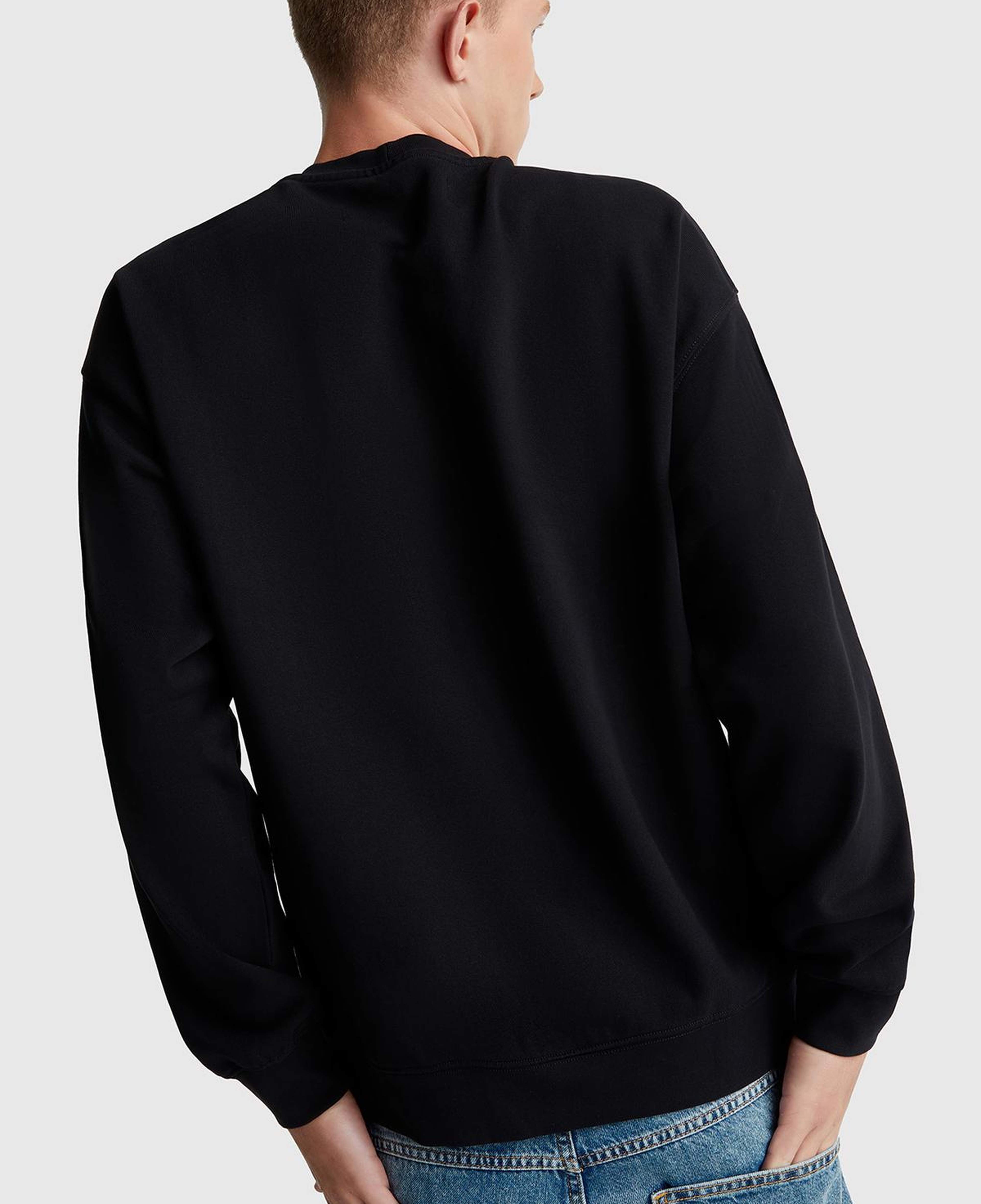 Erkek Siyah %100 Pamuk Önü Logo İşlemeli Bisiklet Yaka Sweatshirt