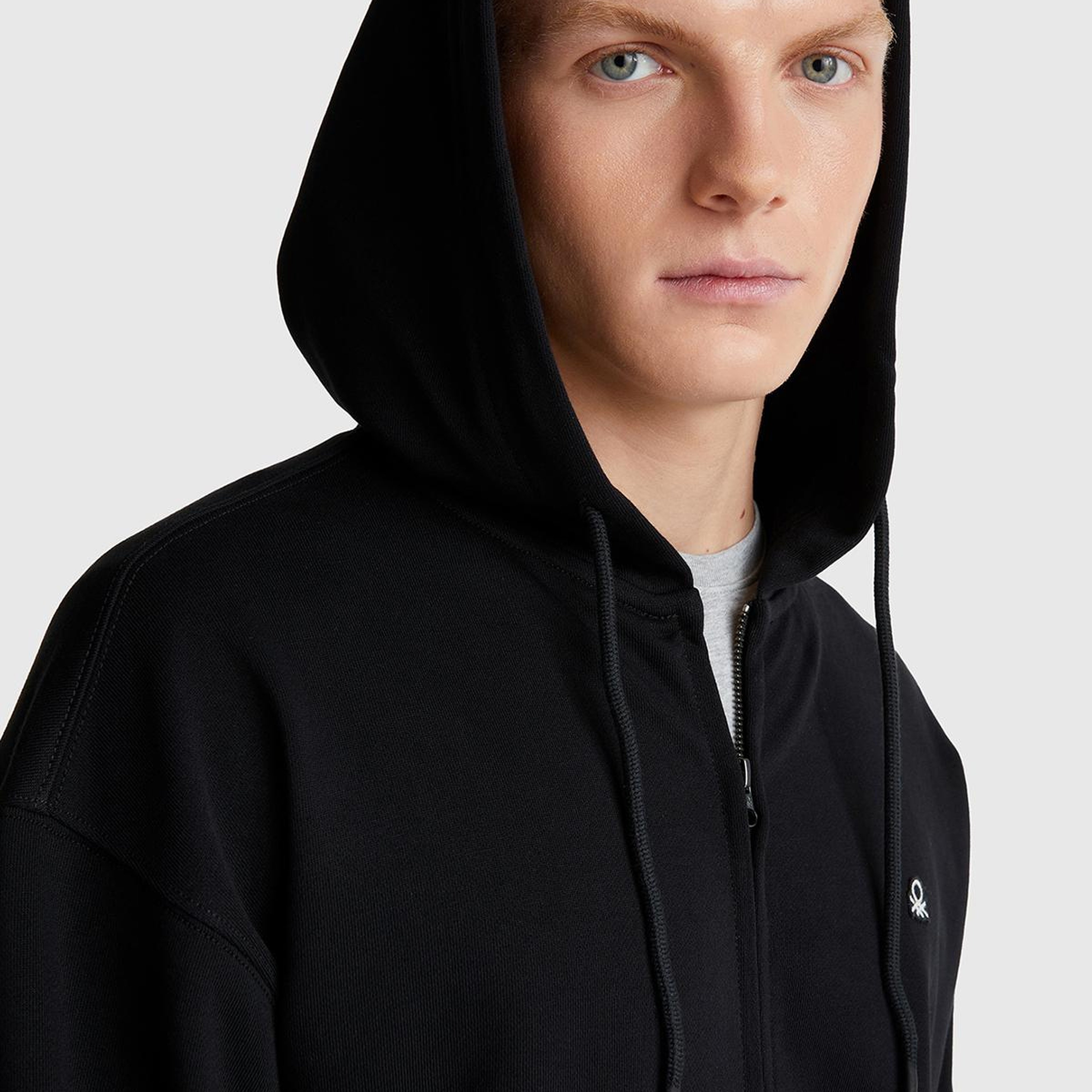 Erkek Siyah %100 Pamuk Dar Kesim Fermuarlı Kapüşonlu Sweatshirt