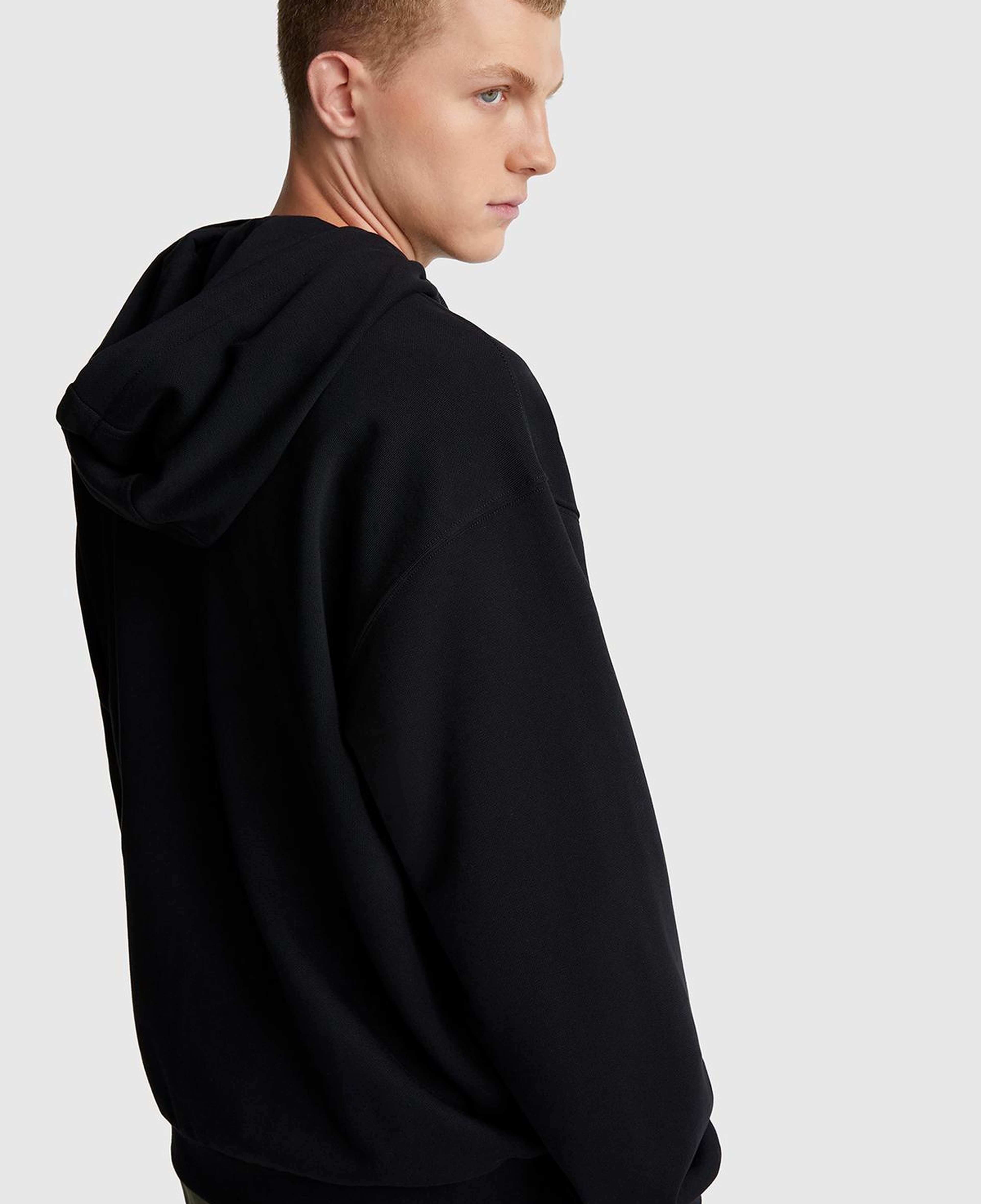 Erkek Siyah %100 Pamuk Dar Kesim Fermuarlı Kapüşonlu Sweatshirt