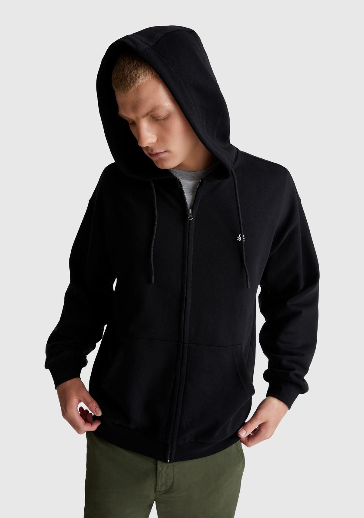 Erkek Siyah %100 Pamuk Dar Kesim Fermuarlı Kapüşonlu Sweatshirt