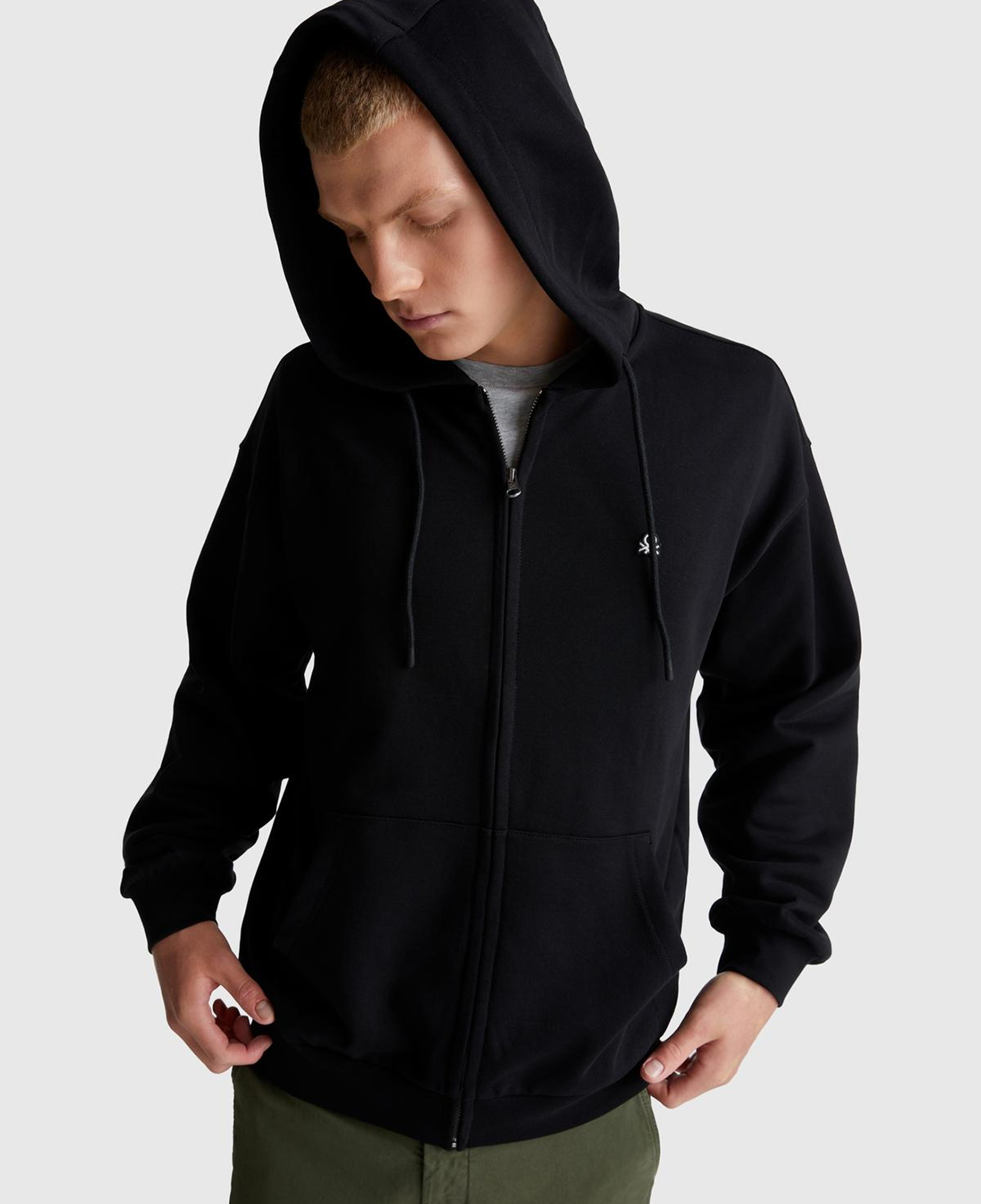 Erkek Siyah %100 Pamuk Dar Kesim Fermuarlı Kapüşonlu Sweatshirt