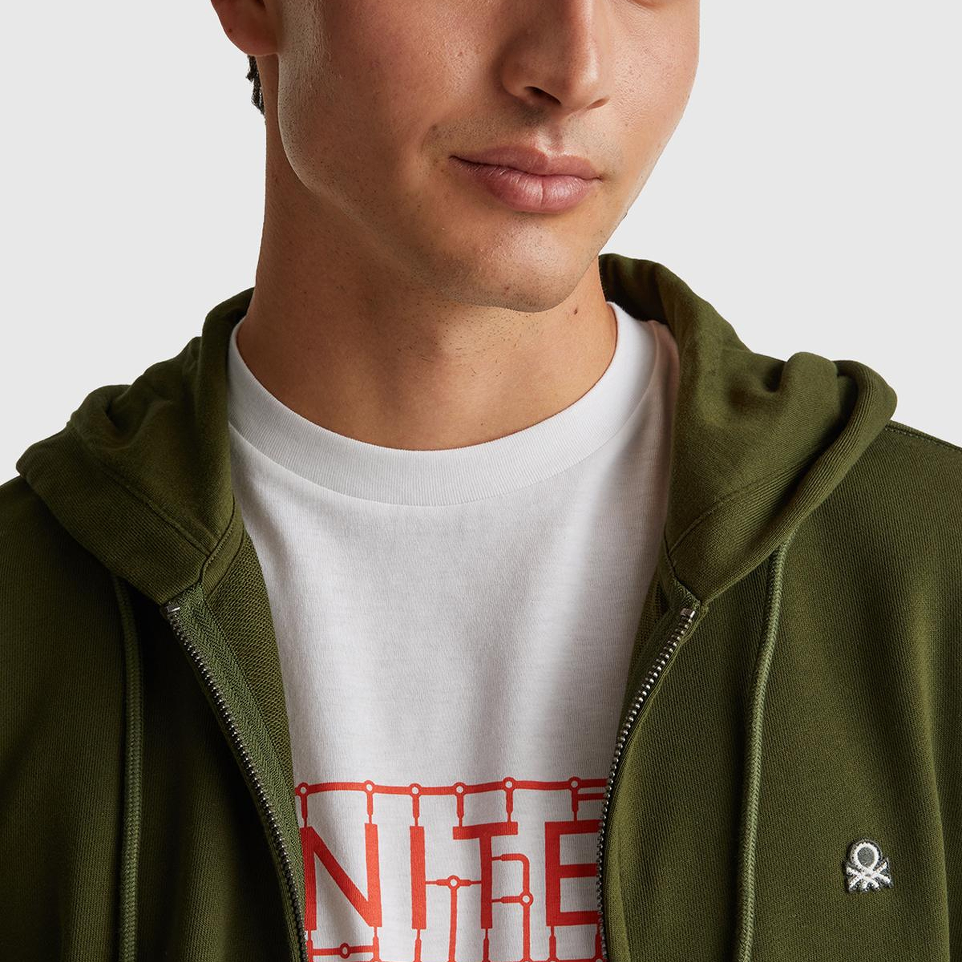 Erkek Haki Yeşilli %100 Pamuk Dar Kesim Fermuarlı Kapüşonlu Sweatshirt